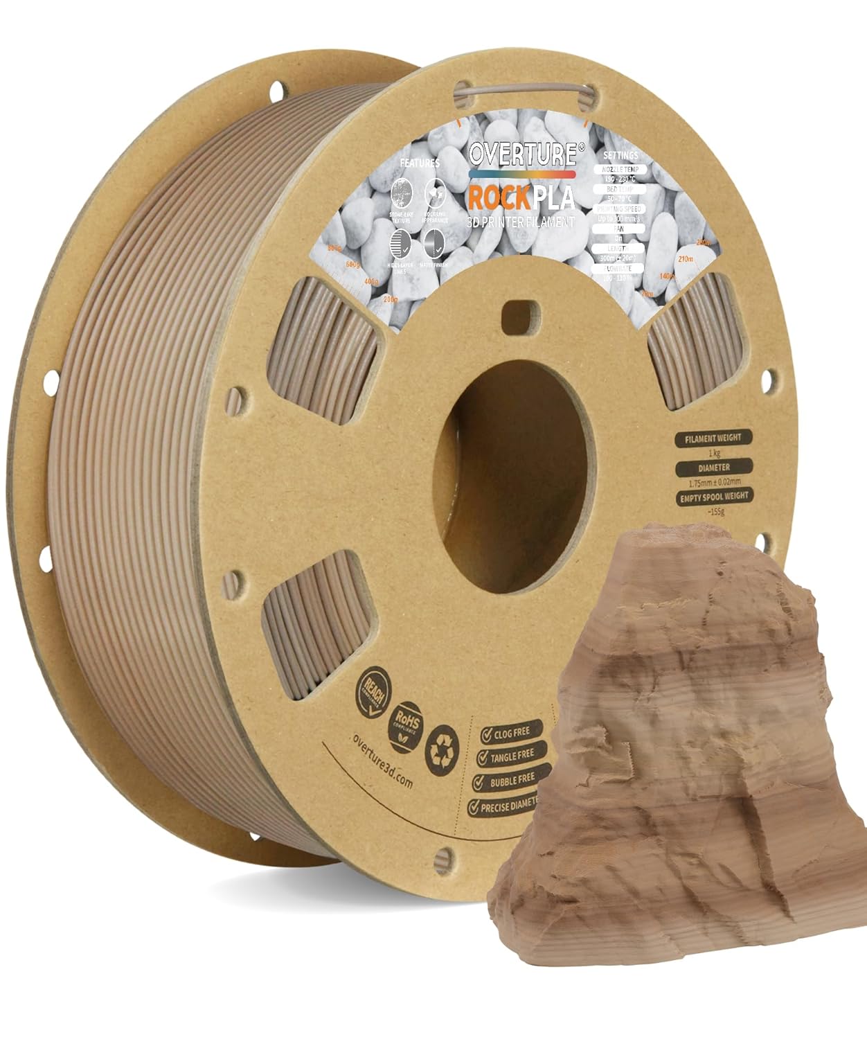 OVERTURE PLA Filament Rock PLA 1.75mm, Rock PLA Filament Roll 1kg Spool (2.2lbs)...