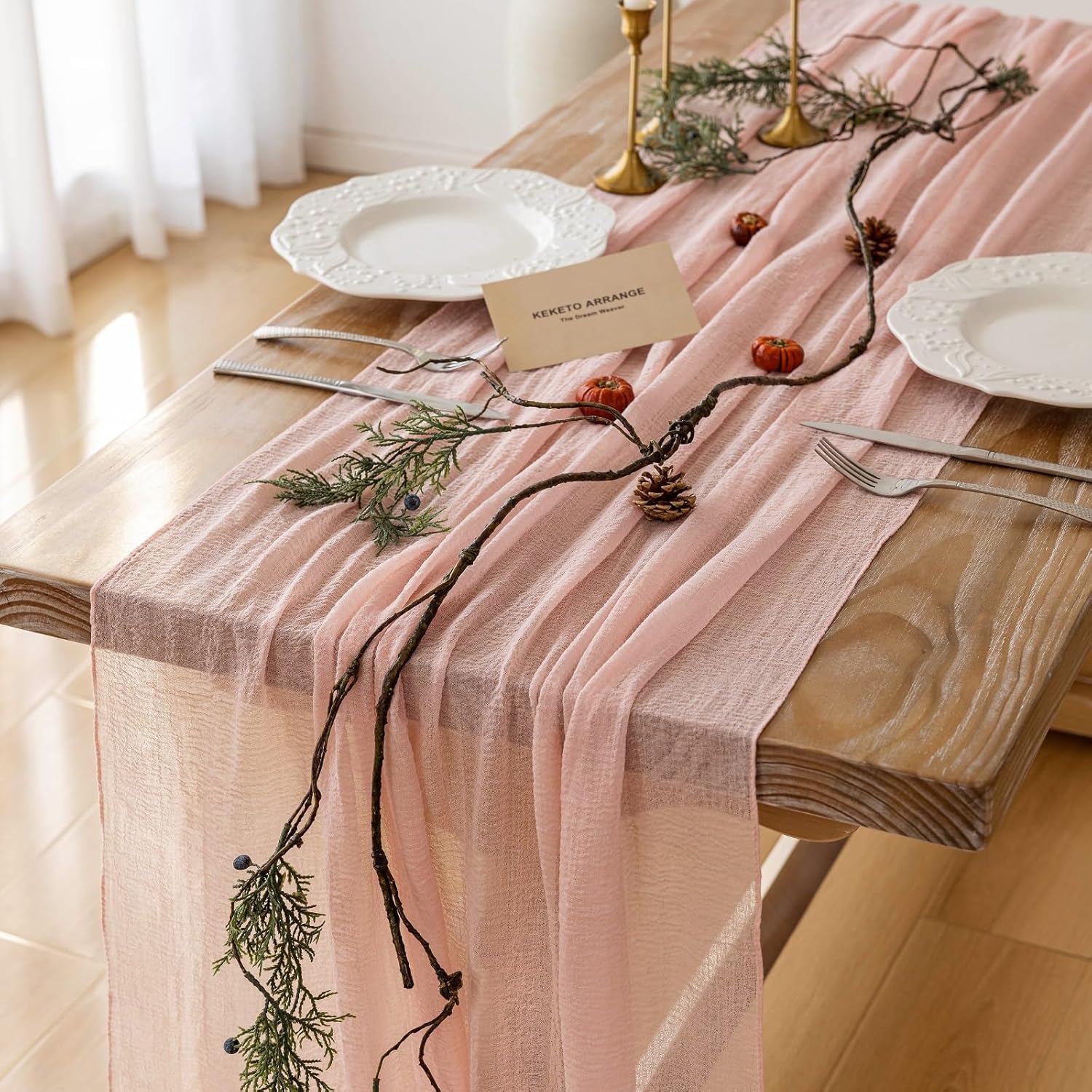 Keketo Blush Pink Table Runner Cheese Cloth Rustic Gauze Cheesecloth Table Runne...