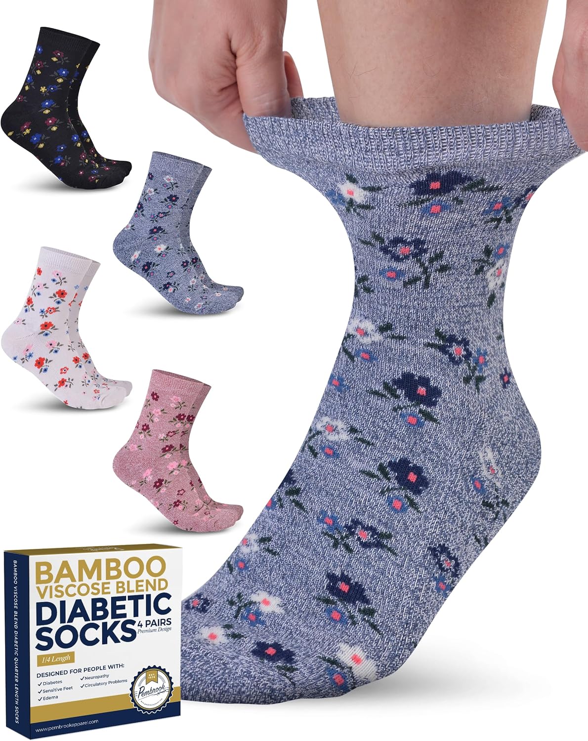 Pembrook Diabetic Socks for Women & Men - 4 Pairs Ankle Bamboo Viscose Socks Wom...