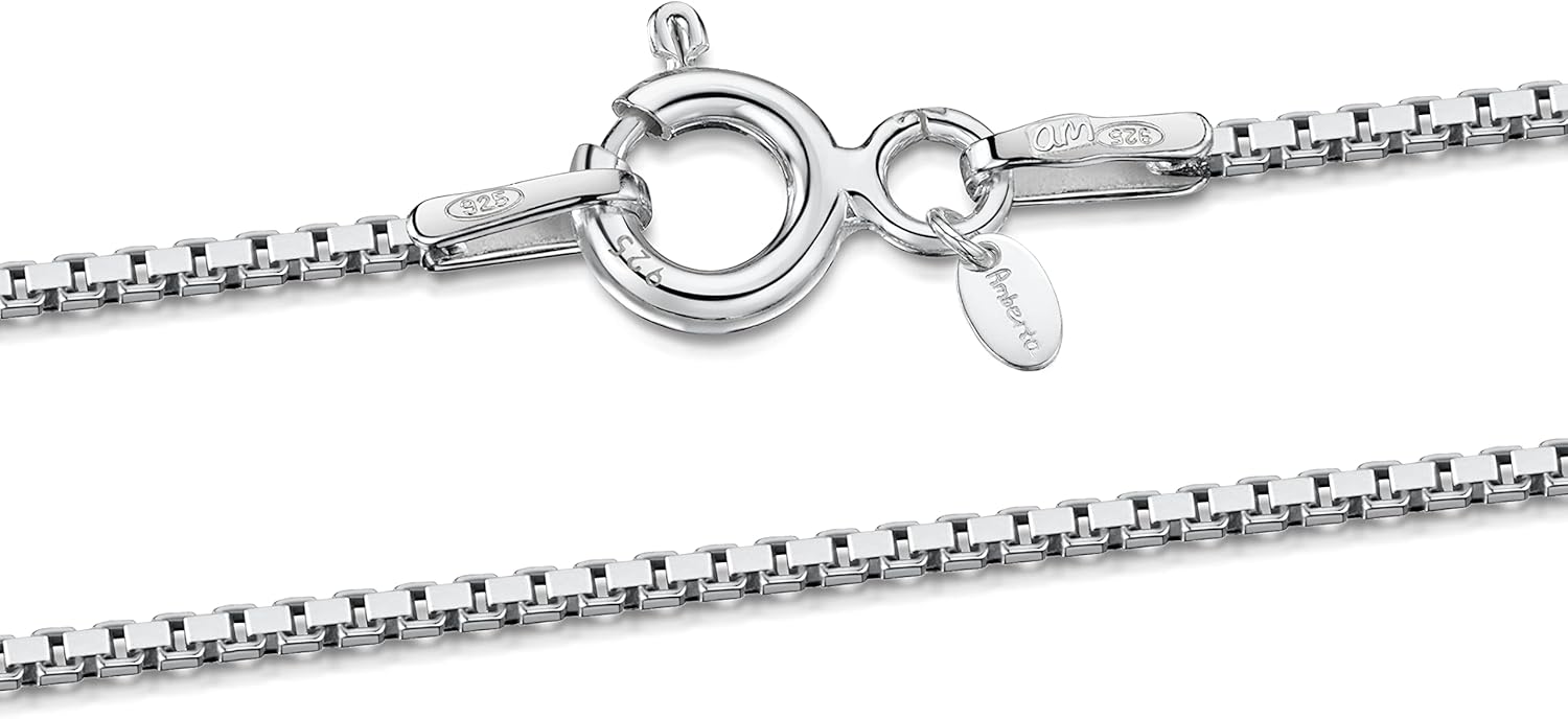 Amberta Women 925 Sterling Silver 1 mm Venice Box Chain Necklace 18 inch / 45 cm