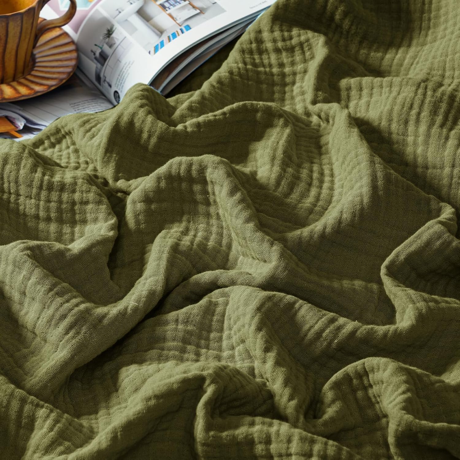 PHF 100% Cotton Muslin Blanket Twin Size 66" x 90", 4-Layer Lightweight and Brea...