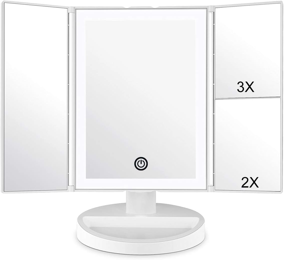 WEILY Makeup Vanity Mirror with LED Lighting and Touch Screen, Tri-Fold 1x 2x 3x...