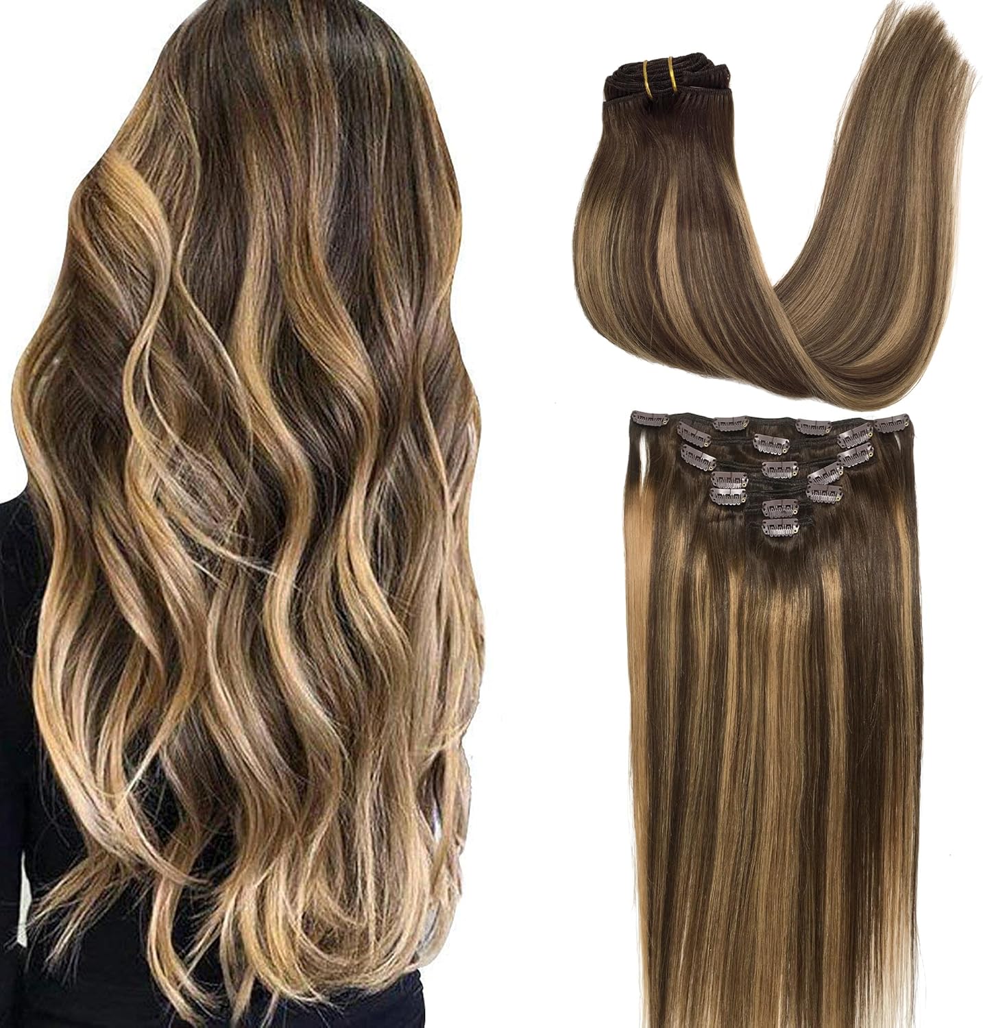 GOO GOO Clip in Hair Extension Real Human Hair Balayage Chocolate Brown to Caram...