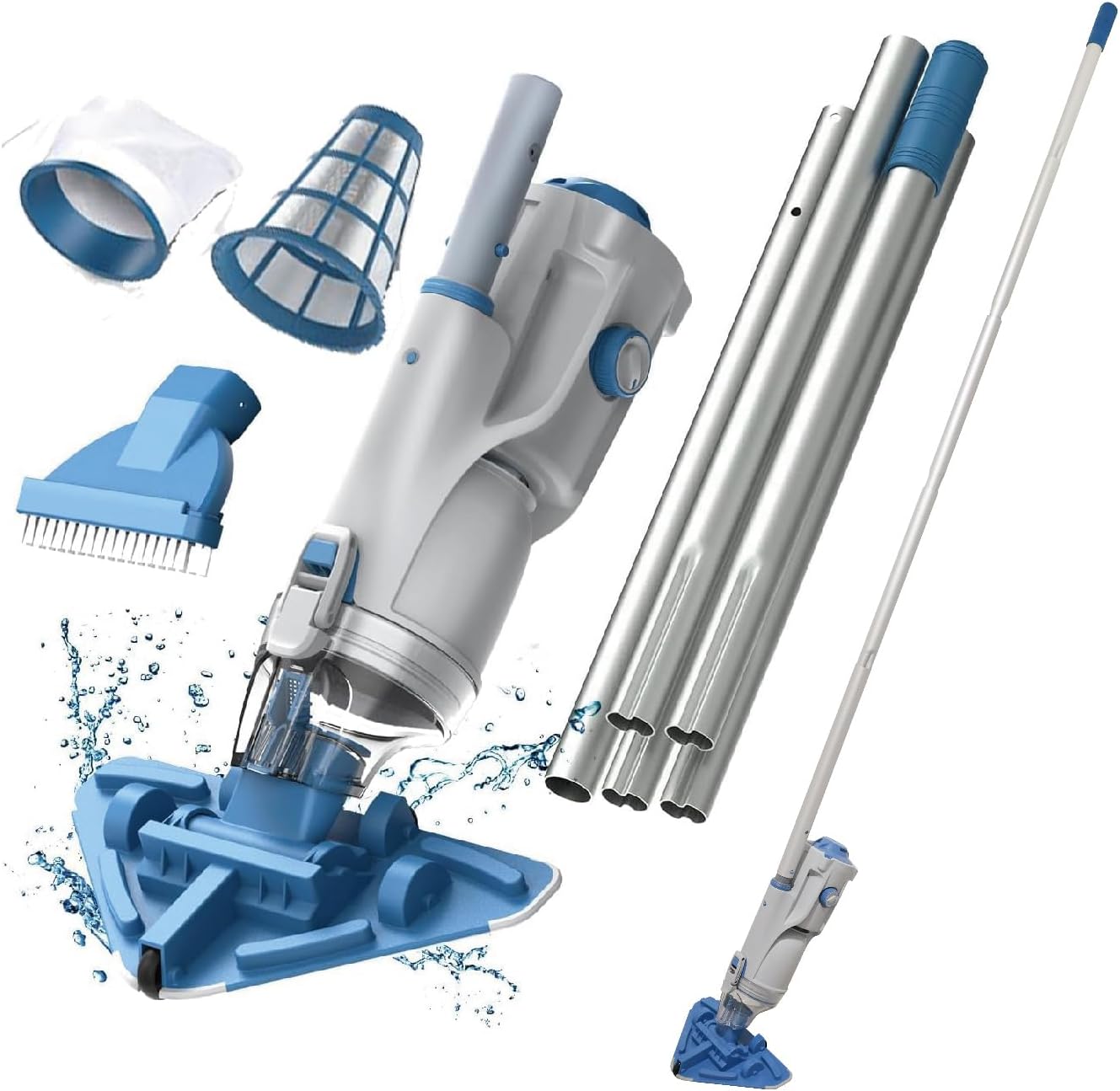 KOKIDO Cordless Pool Vacuum with 72” Pole, 2 Filters, Moderate Suction, 2 Interc...