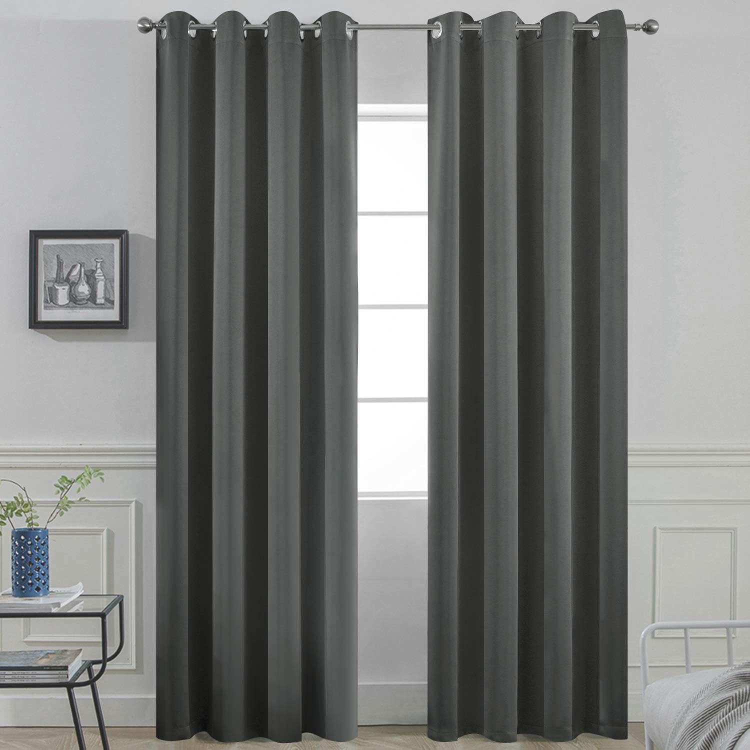 Yakamok Room Darkening Dark Grey Blackout Curtains, Light Blocking Thermal Insul...