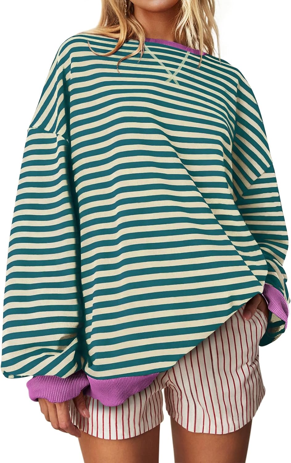 UEU Women Oversized Striped Crewneck Sweatshirt Long Sleeve Color Block Pullover...
