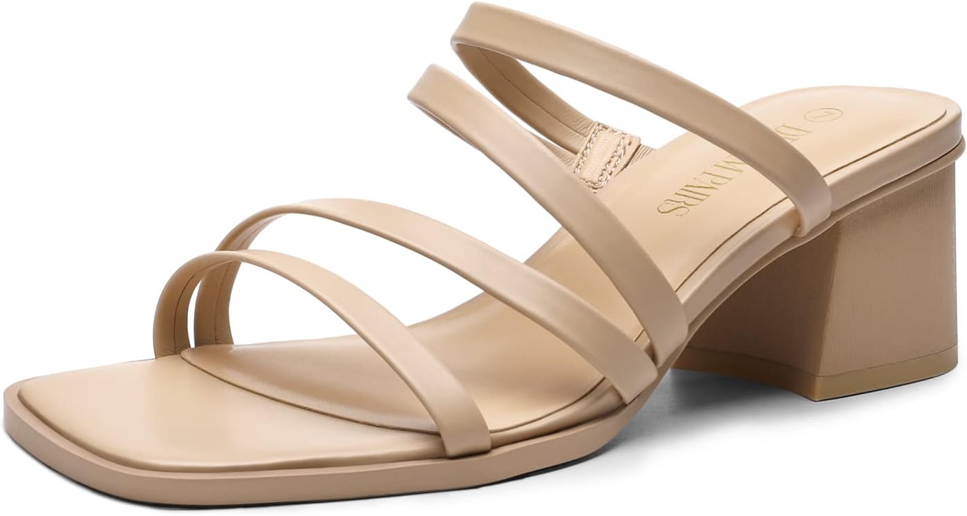 DREAM PAIRS Women's Strappy Heels Block Open Toe Low Heel Chunky Mules Sandals D...