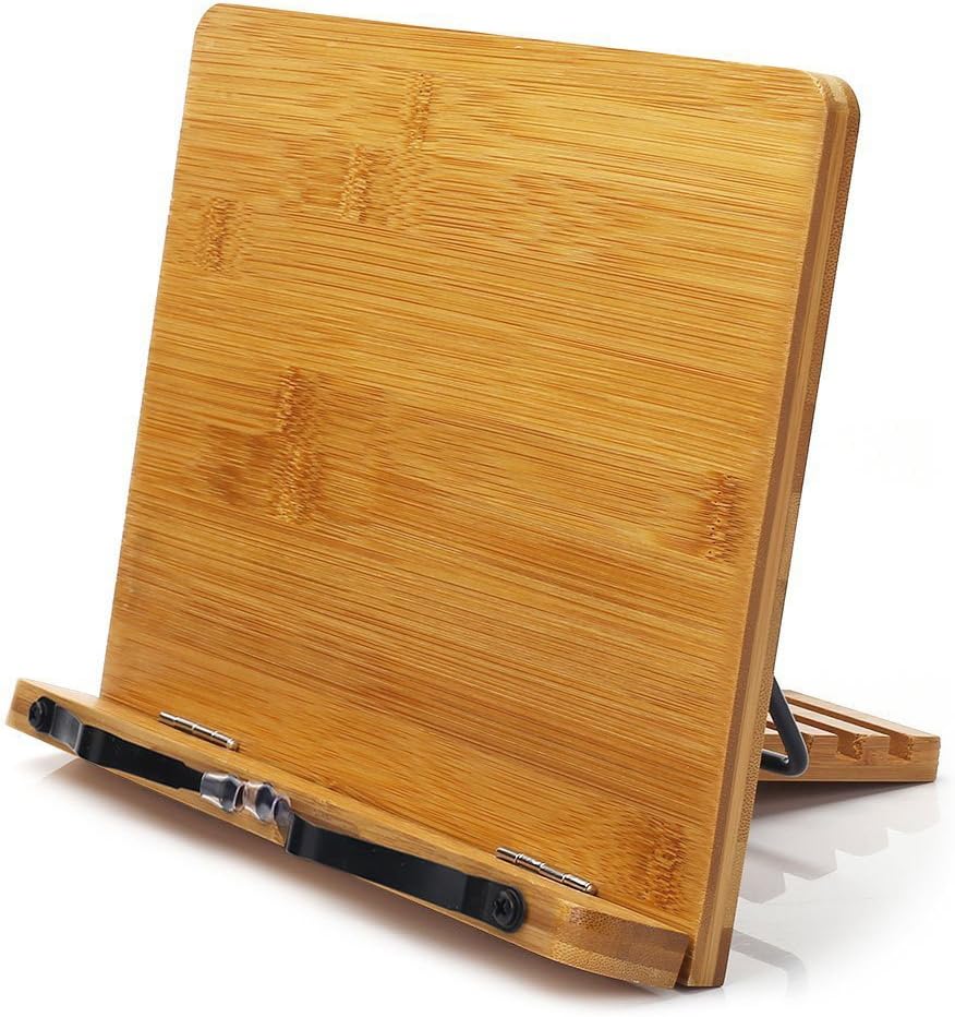 wishacc Bamboo Book Stand, Adjustable Book Holder Tray and Page Paper Clips-Cook...