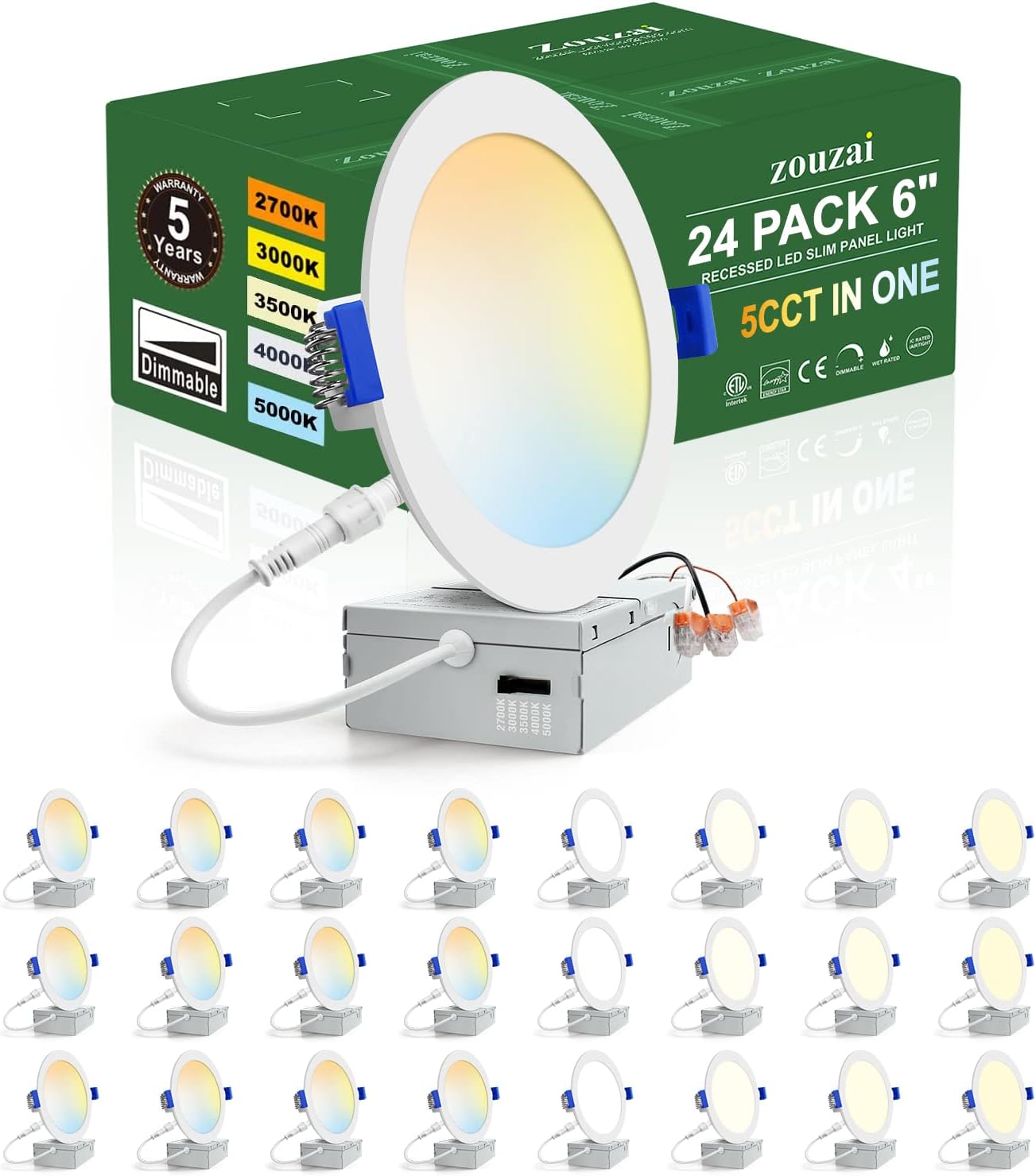 zouzai 24 Pack 6 Inch Ultra-Thin LED Recessed Ceiling Light with Junction Box 5C...
