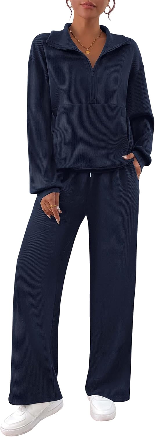 BTFBM Womens 2 Piece Sweatsuits Set Long Sleeve Half Zip Pullover Sweatshirt Wid...