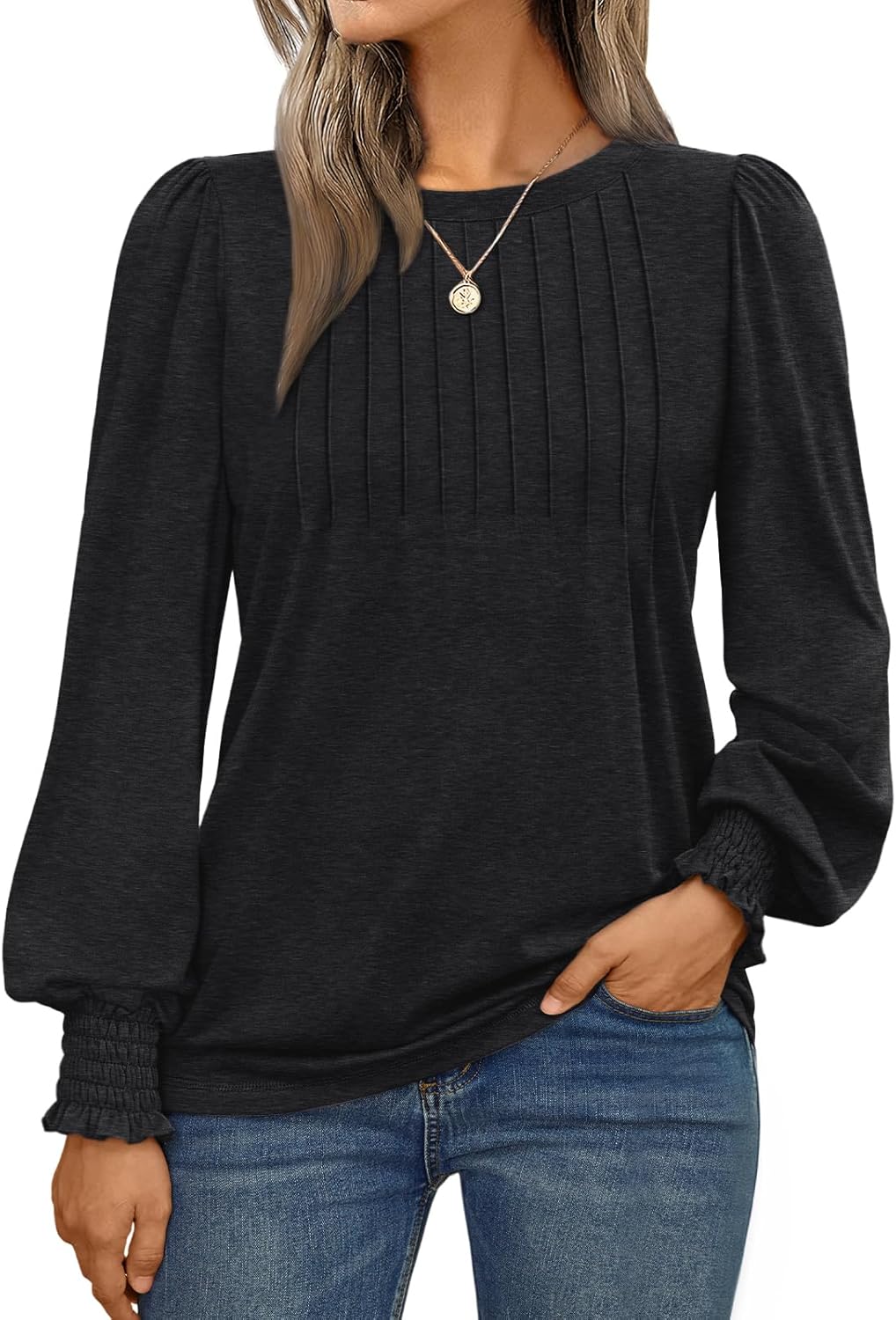 AUTOMET Long Sleeve Shirts Womens Pleated Business Casual Blouses with Smocked C...