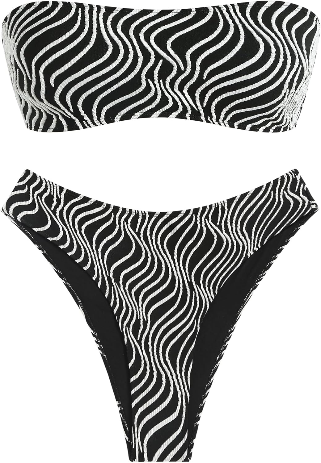 ZAFUL Women Strapless Ribbed High Cut Bandeau Bikini Lace Up 2 Pieces Swimwear 1...
