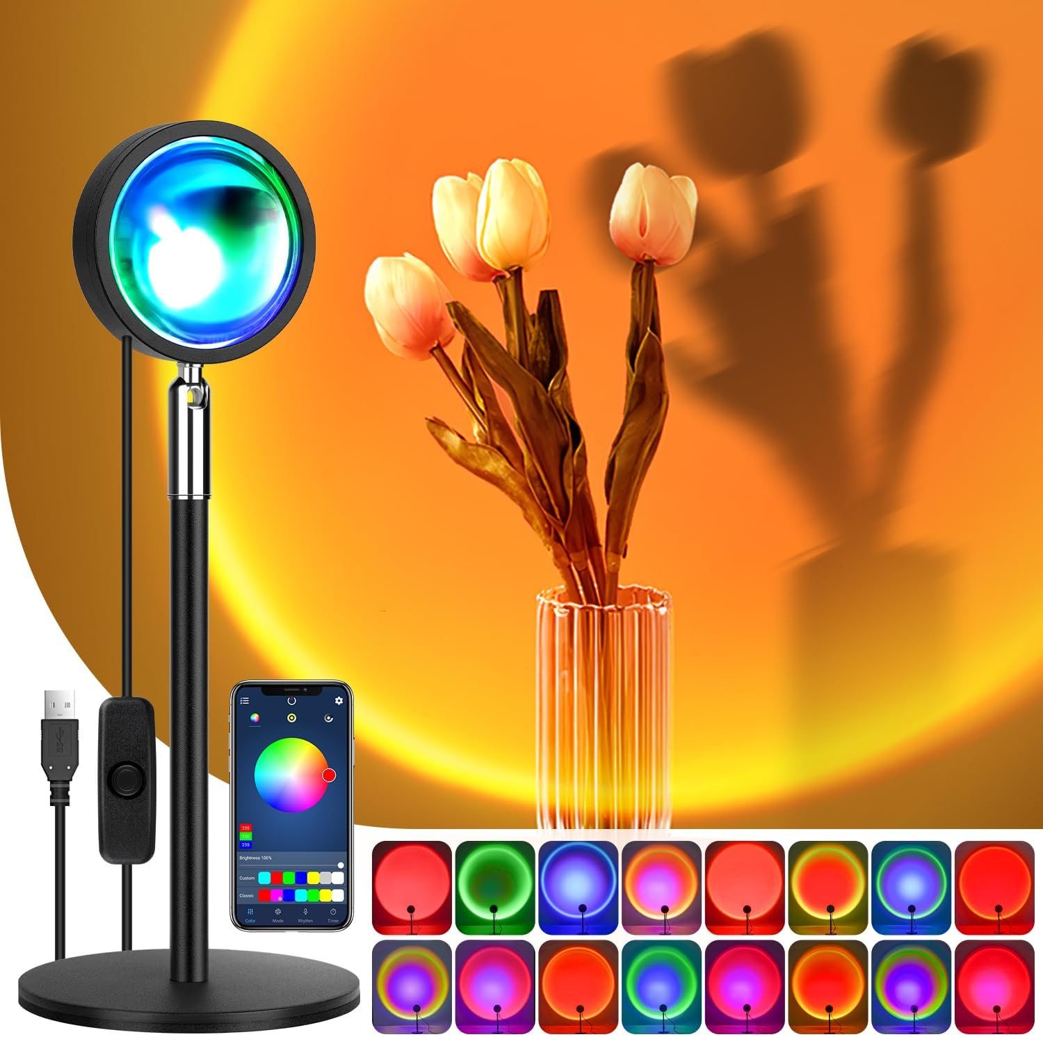 DAMAHOU Sunset Lamp,RGB Sunset Light with Bluetooth App Smart Control,Sounds Rec...