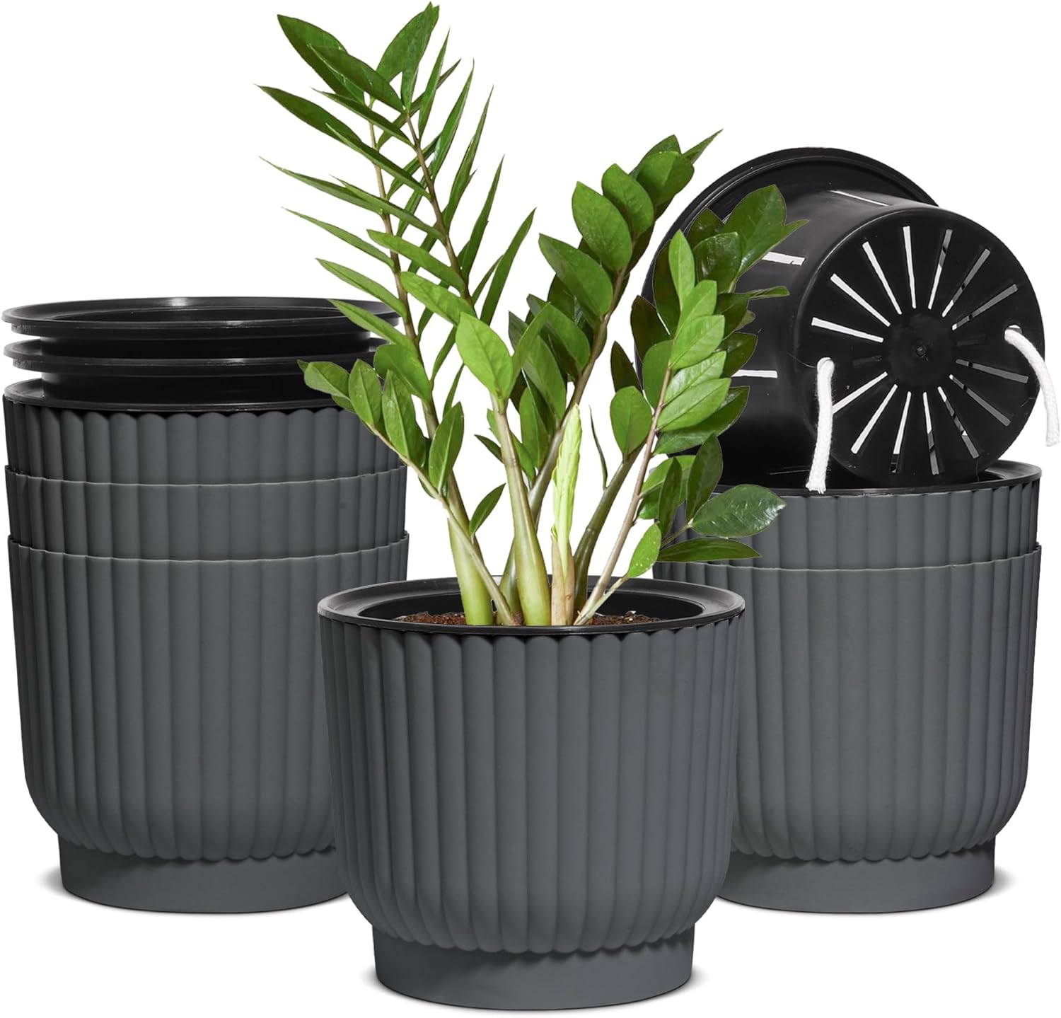 T4U 6 Inch Self Watering Pots 6 Pack, Plastic Plant Pots with Holder, Windowsill...