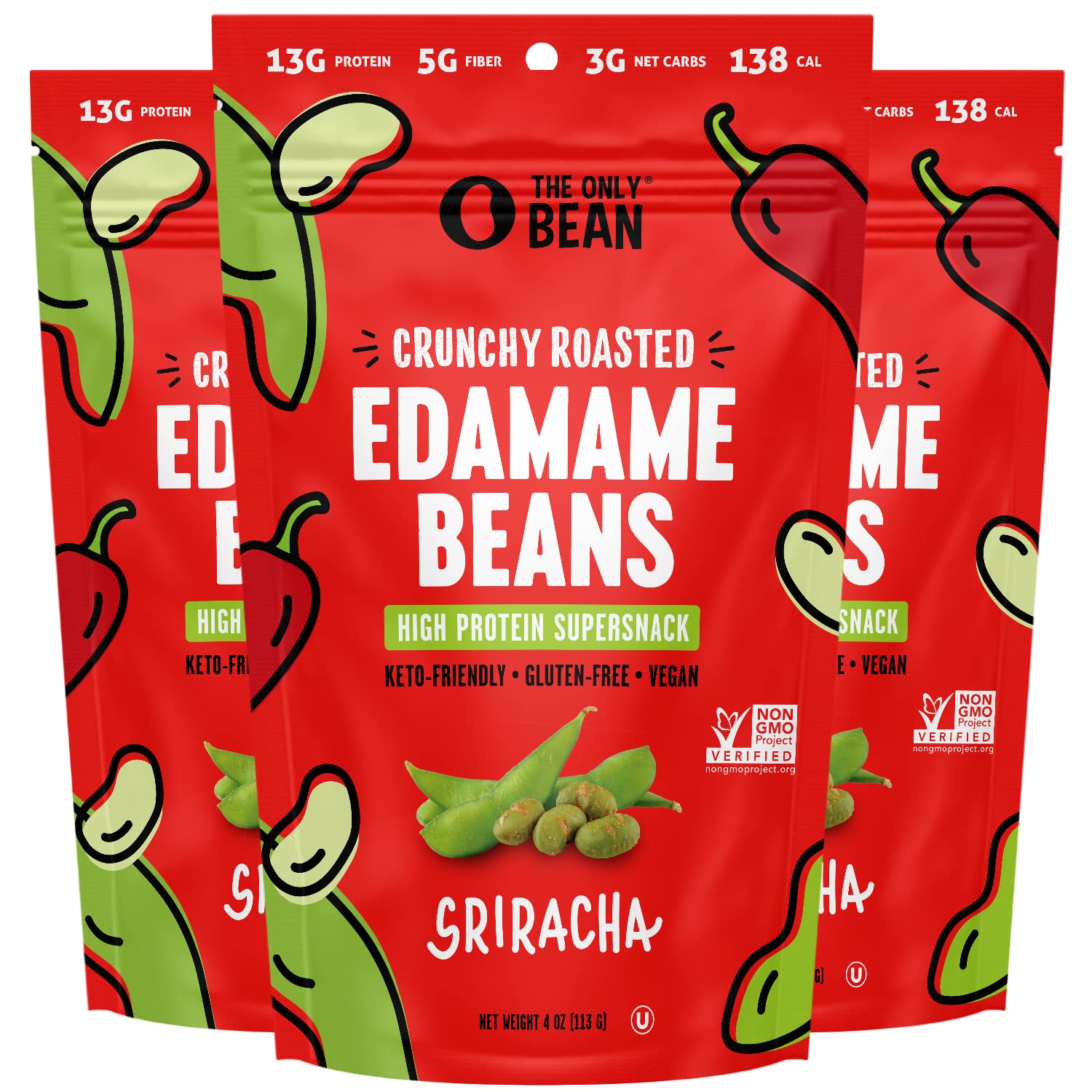 The Only Bean Crunchy Roasted Edamame Snack (Sriracha), High Protein Snacks (13g...