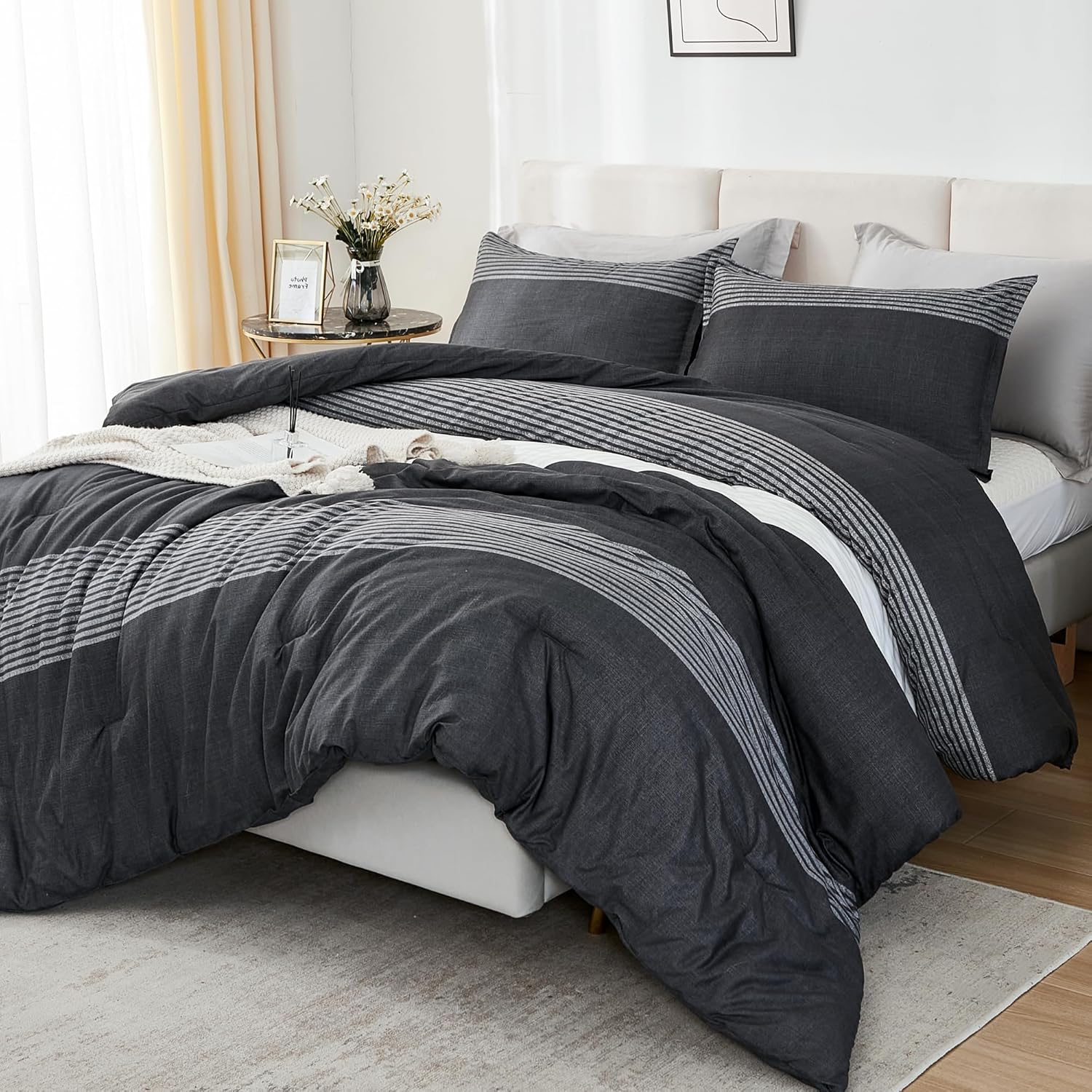 Litanika Full Size Comforter Sets Black White Grey - 3 Pieces Lightweight Beddin...