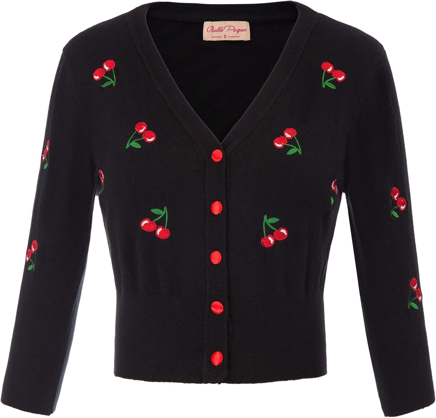 Belle Poque Women's Vintage 50s Cherries Embroidery Cardigan Sweater V-Neck 3/4...