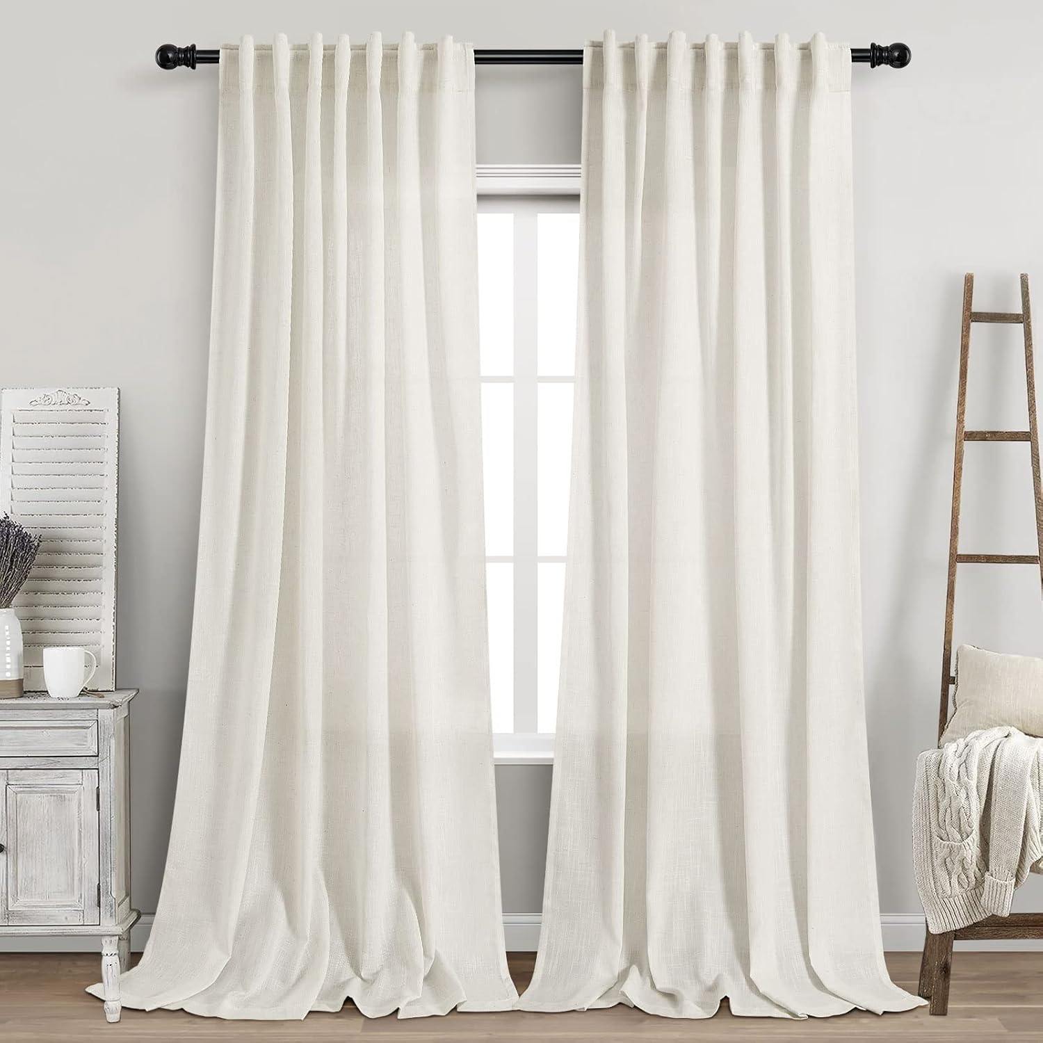 Cream Linen Curtains 102 inches Long 2 Panels Set for Living Room Extra Long Bac...