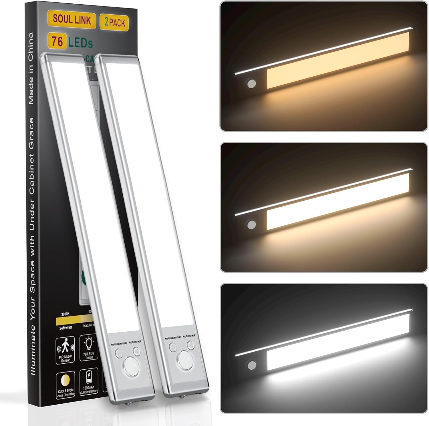 Under Cabinet Lights,76 LED Operated Motion Sensor Light Indoor,1500mAh USB Rech...