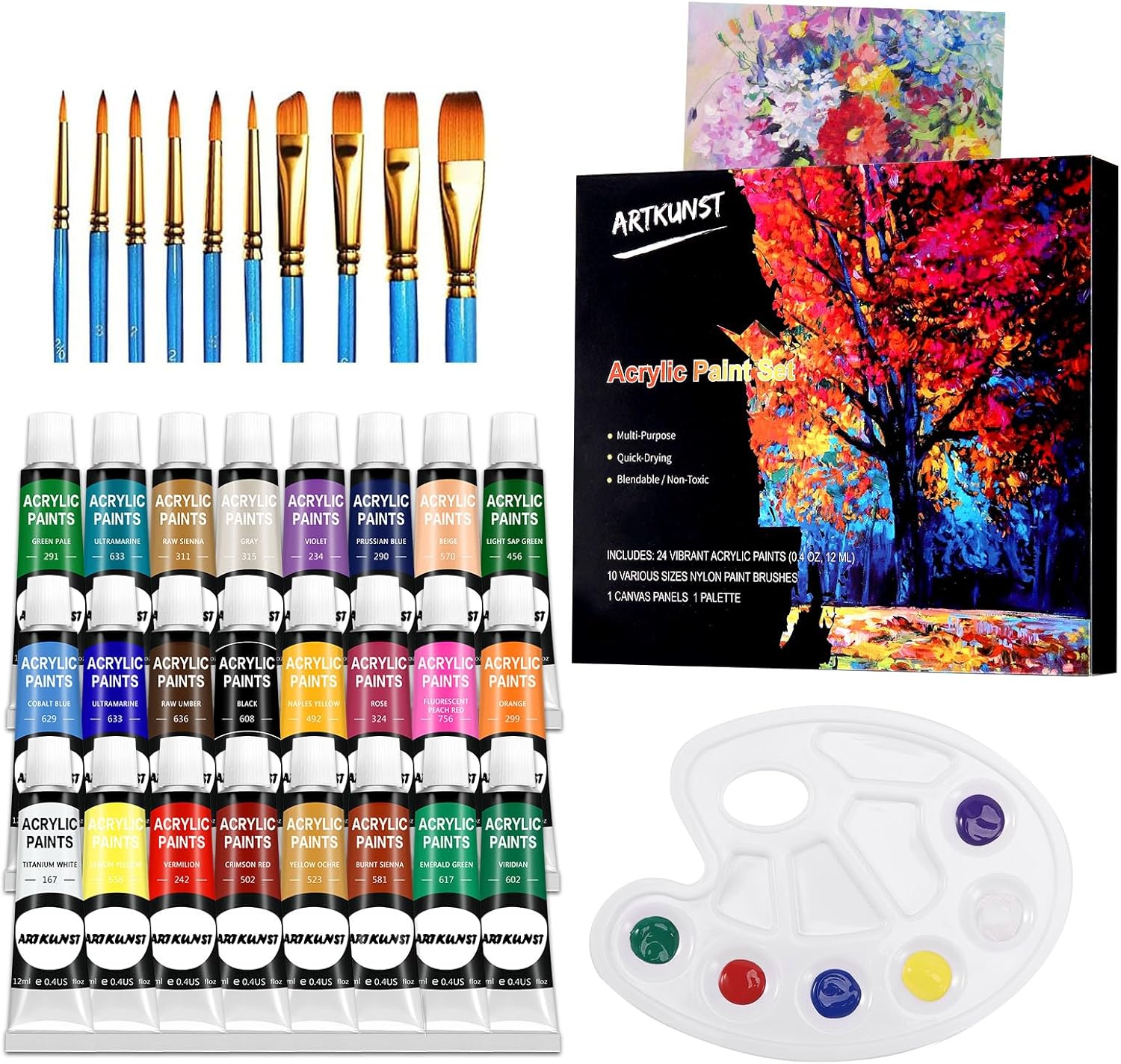 ARTKUNST Acrylic Paint Set, 24 Rich Pigment Colors with 10 Art Brushes for Paint...