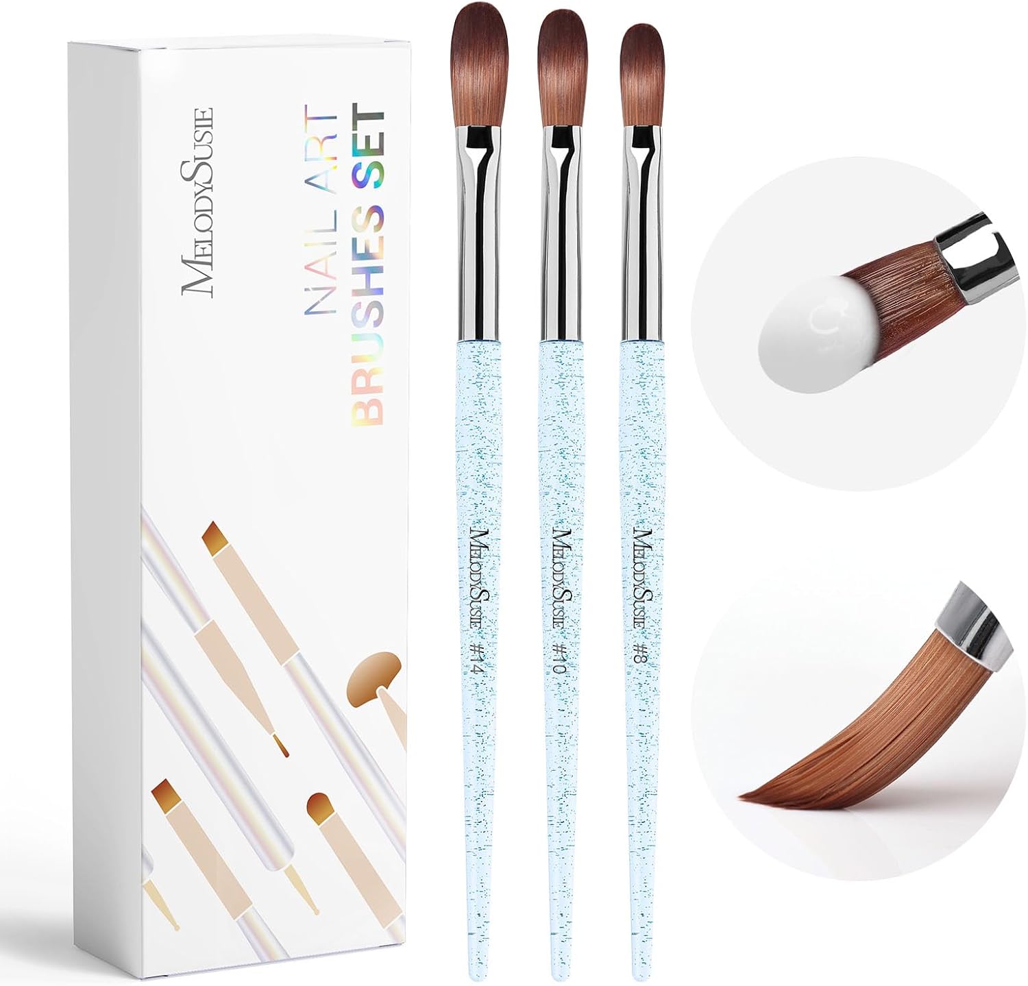 MelodySusie 3Pcs Acrylic Nail Brush Set, Size 8/10/14 Professional Nail Brushes...