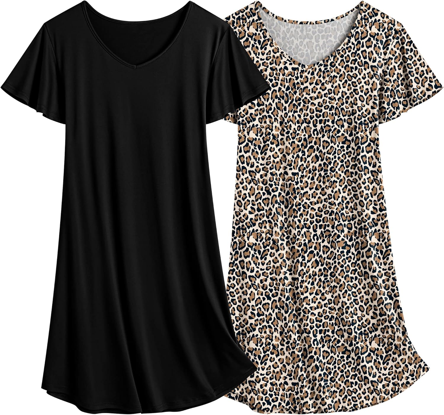 Ekouaer 2 Pack Nightgowns for Women Flare Short Sleeve Sleepshirt V Neck Sleepwe...