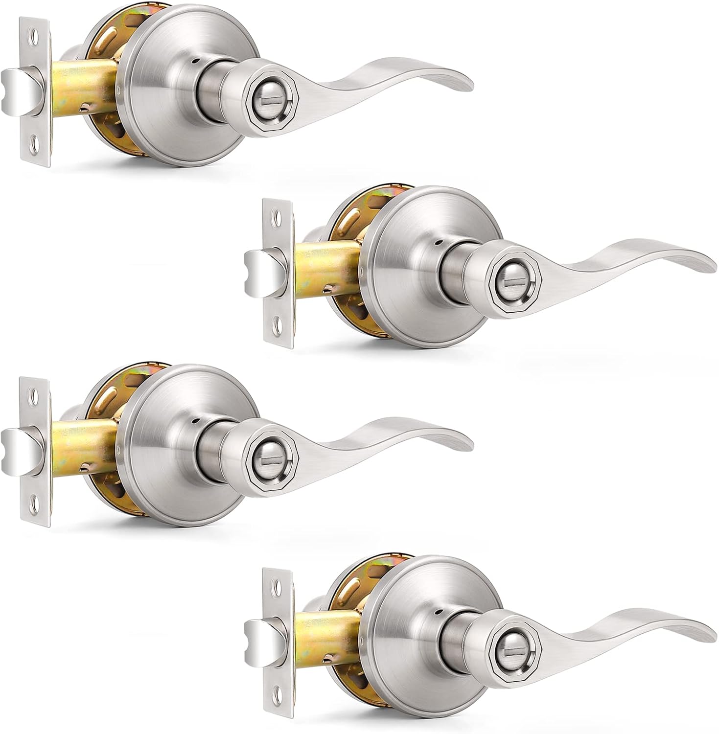 Probrico 4 Pack Door Levers Brushed Nickel Privacy Door Handles Wave Style Keyle...