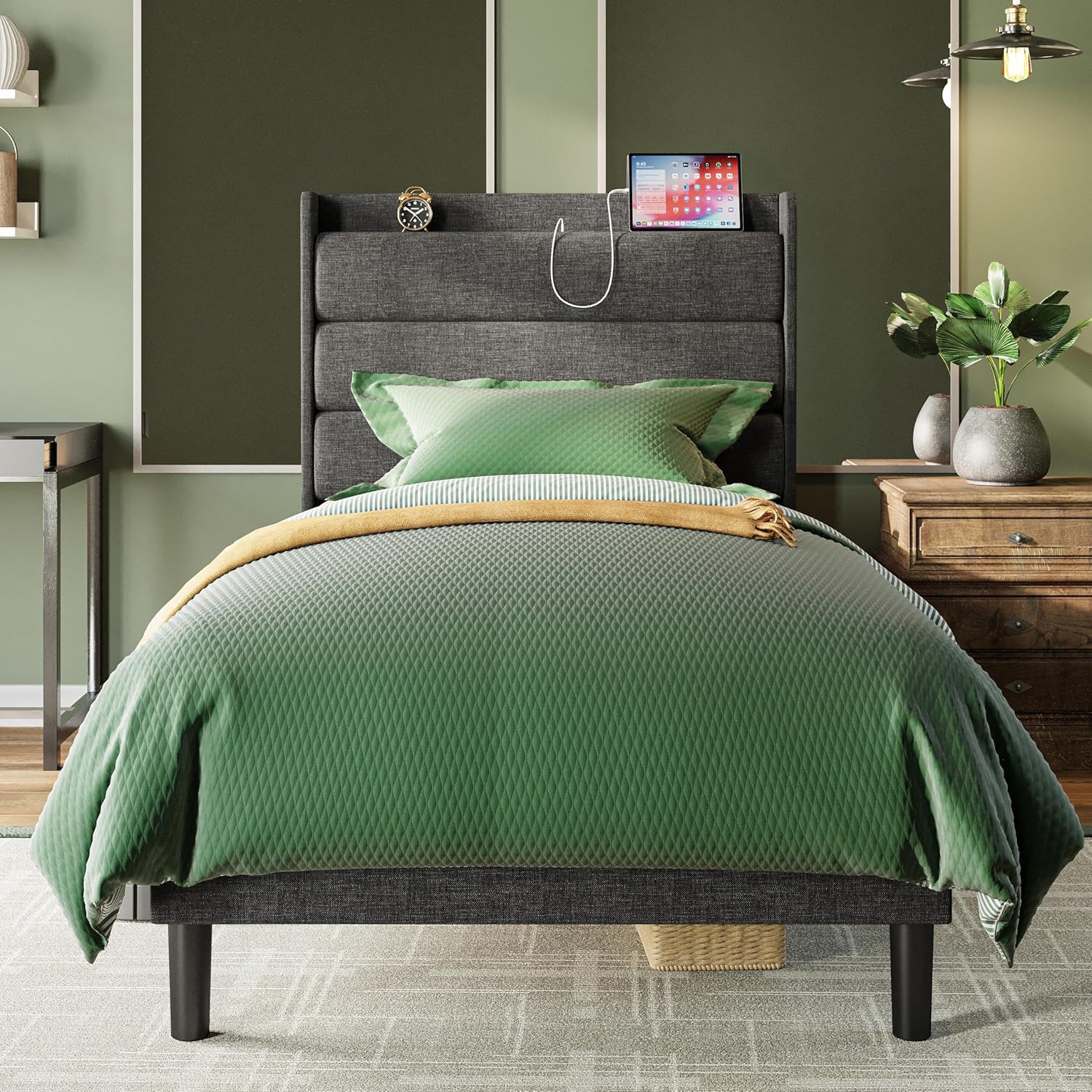 LIKIMIO Twin XL Bed Frames, Storage Headboard with...