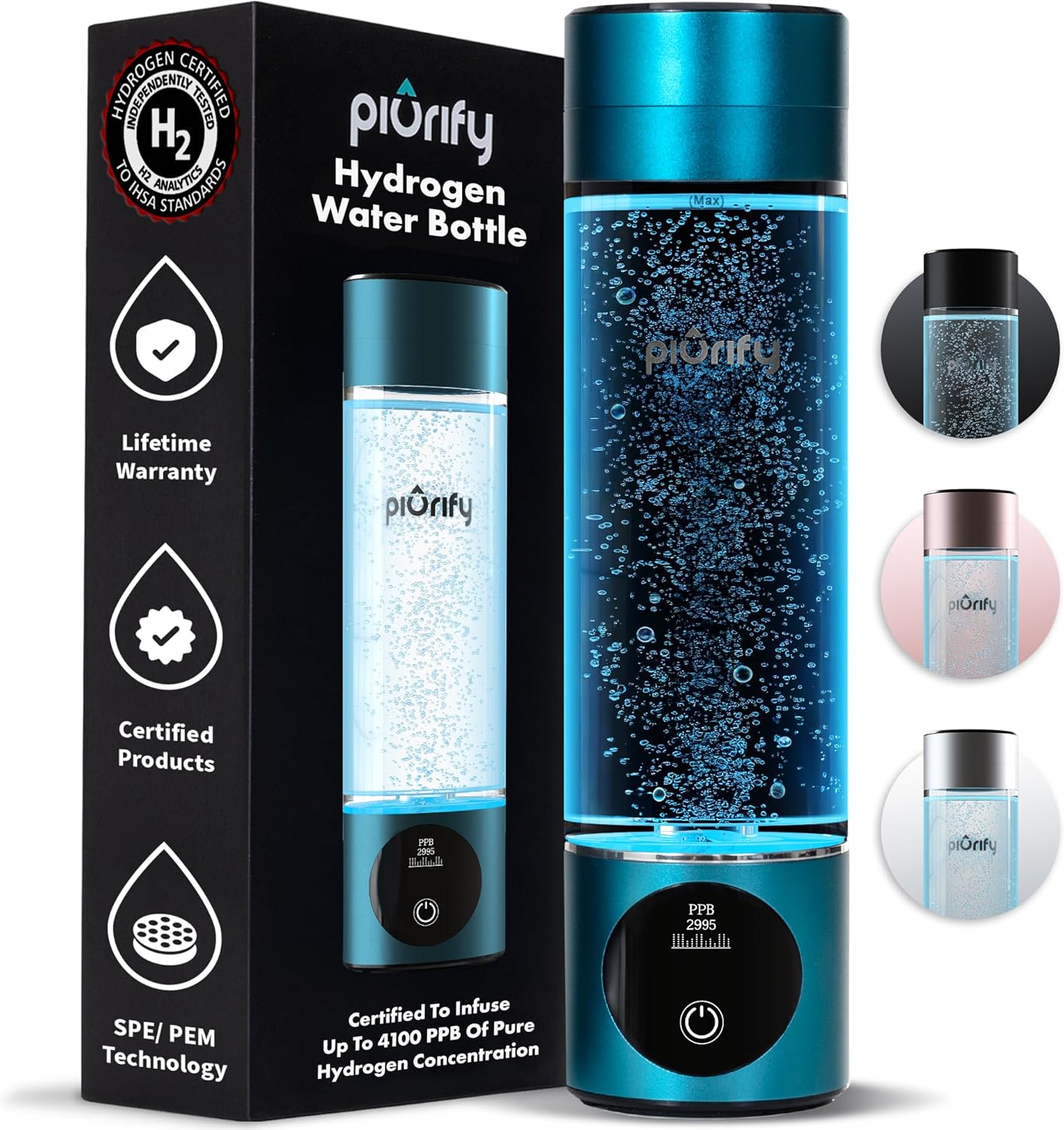 Hydrogen Water Bottle Generator - Up to 4100+ PPB Concentration - SPE/PEM Techno...