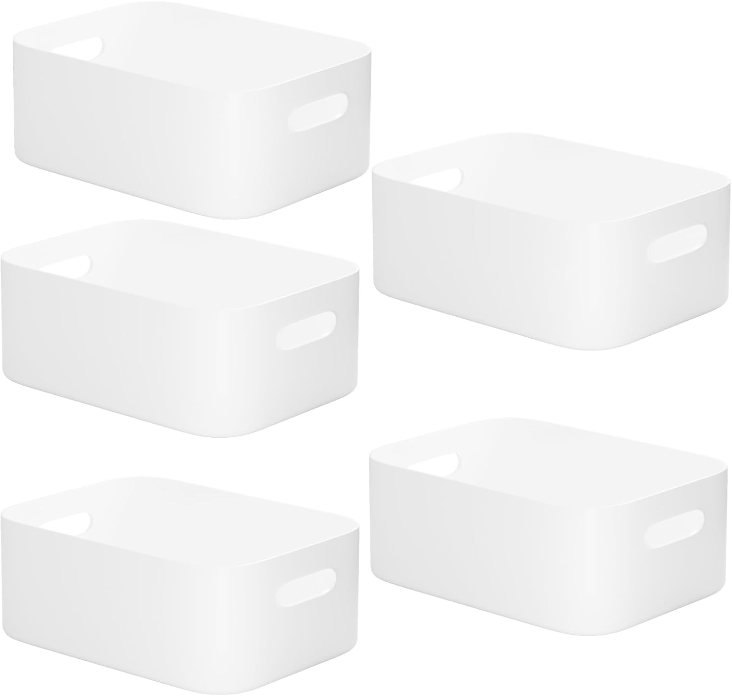 W&H 5 PCS White Plastic Storage Baskets with Handle, Medium Kitchen Cupboard Org...