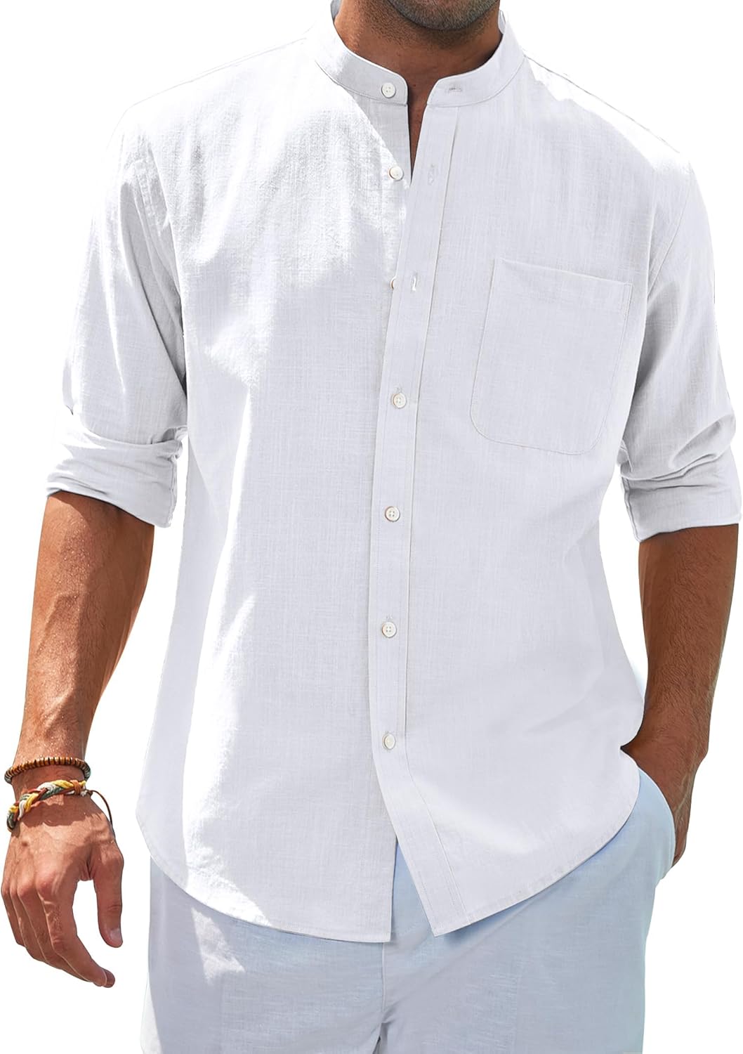 siliteelon Men's Shirts Grandad Collar Long Sleeve Banded Collar Linen Shirts Re...