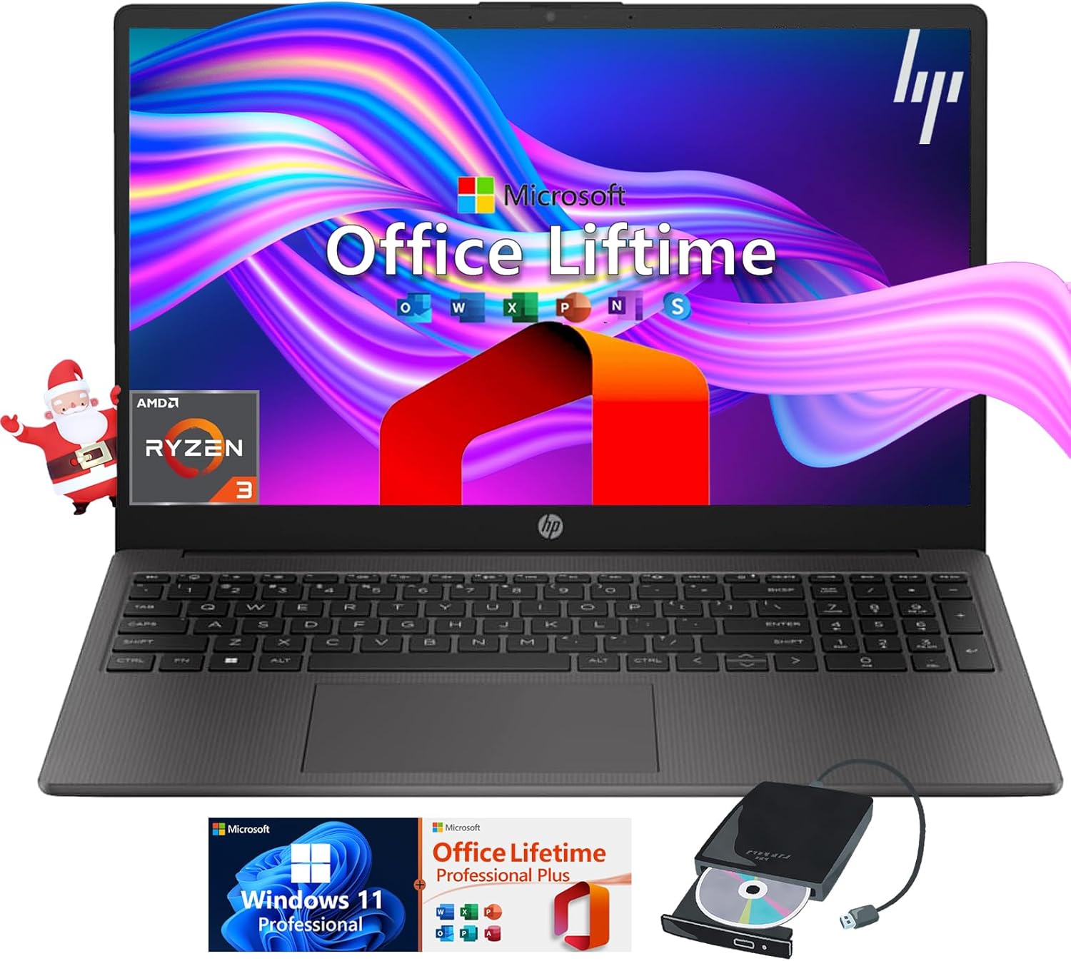 HP 255-G10 Business Laptop Computer - w/Microsoft Office Lifetime & Free CD/DVD...