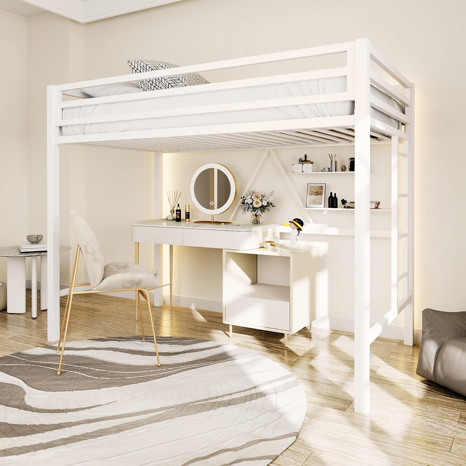 ikalido Metal Loft Bed Twin Size with Safety Guardrail and Ladder, No Box Spring...
