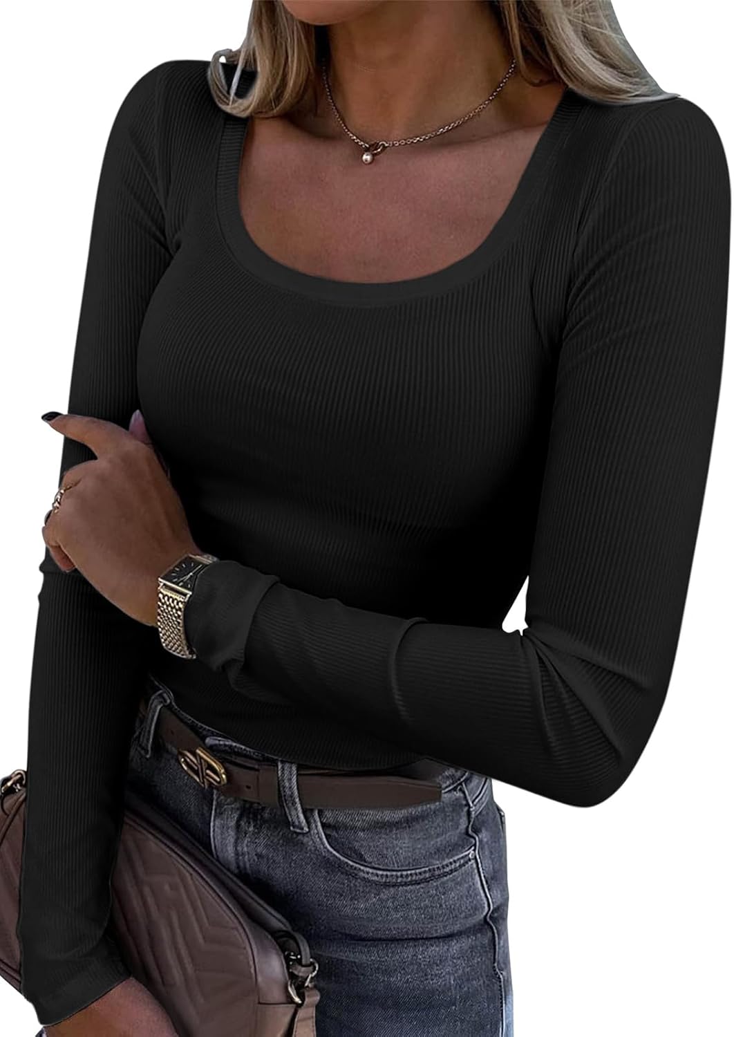 ATHMILE Womens Long Sleeve Scoop Neck Ribbed Knit Fitted Casual Tops Tee Slim Ba...