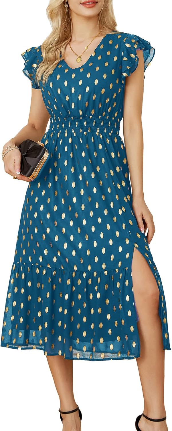 GRACE KARIN Women's V Neck Ruffle Sleeve Summer Dress 2025 Split Flowy Tiered Mi...