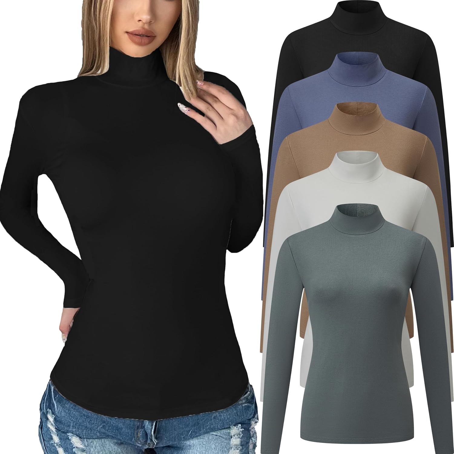 5 Pack Womens Long Sleeve Tops Mock Turtleneck Basic T Shirt Fall Stretch Tight...