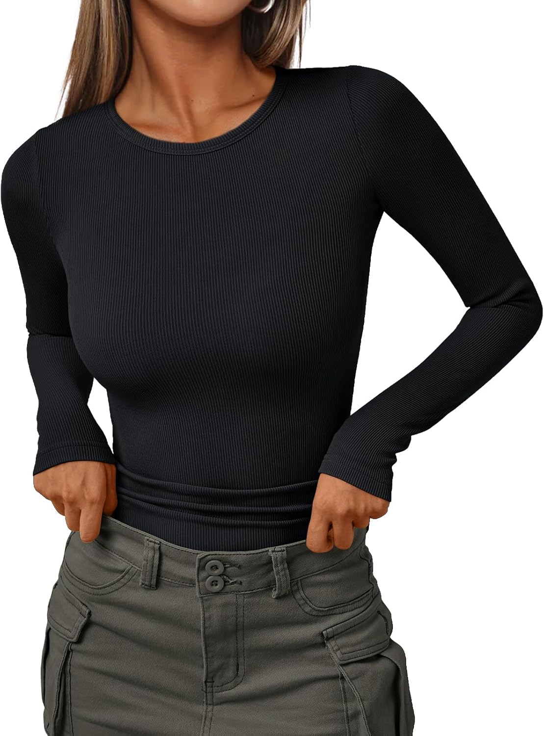 AUTOMET Womens Ribbed Shirts Crewneck Fitted Tops Casual Underscrubs Layer Slim...