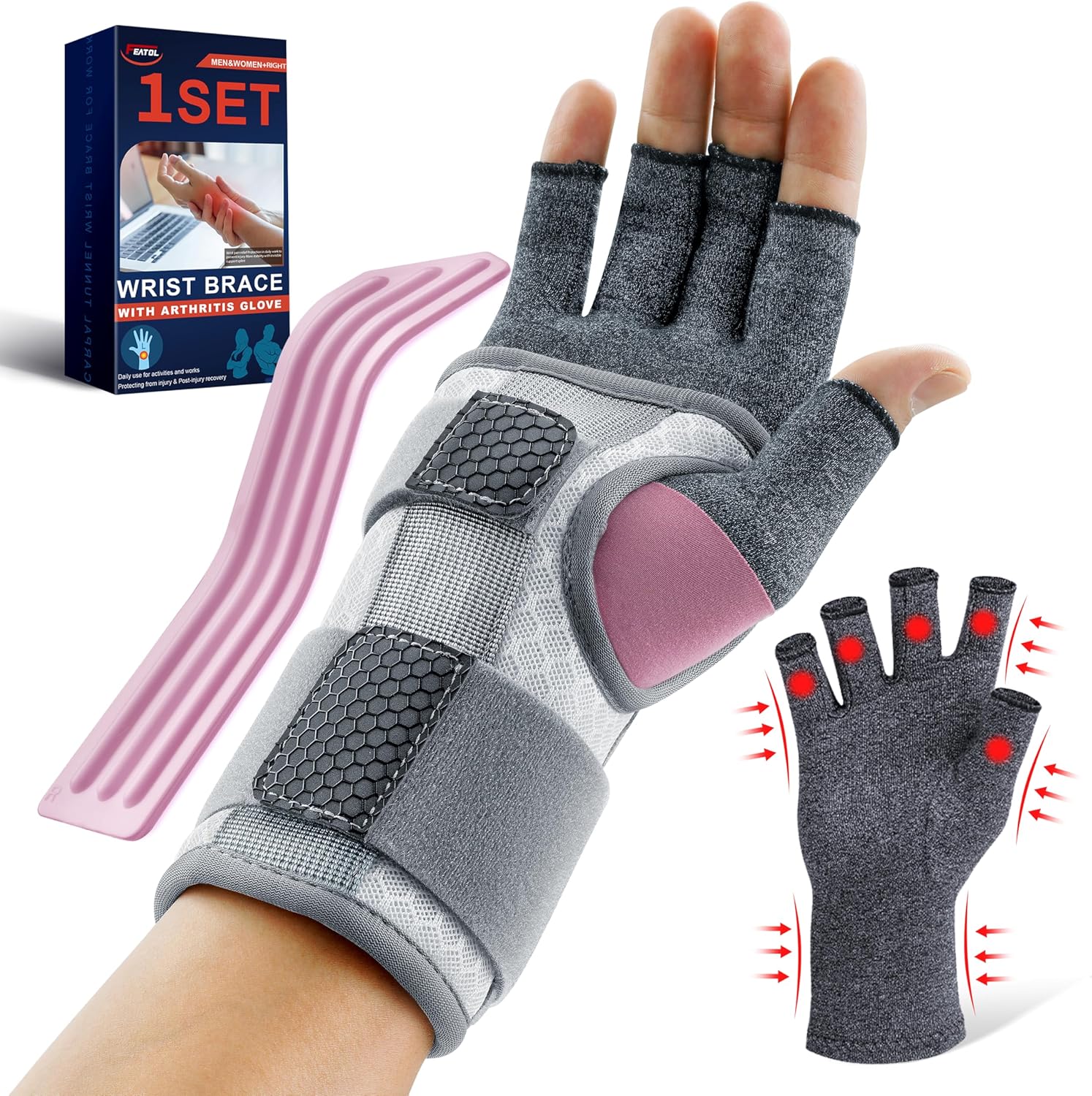 FEATOL Carpal Tunnel Wrist Brace & Compression Arthritis Glove Set For Women- Sh...