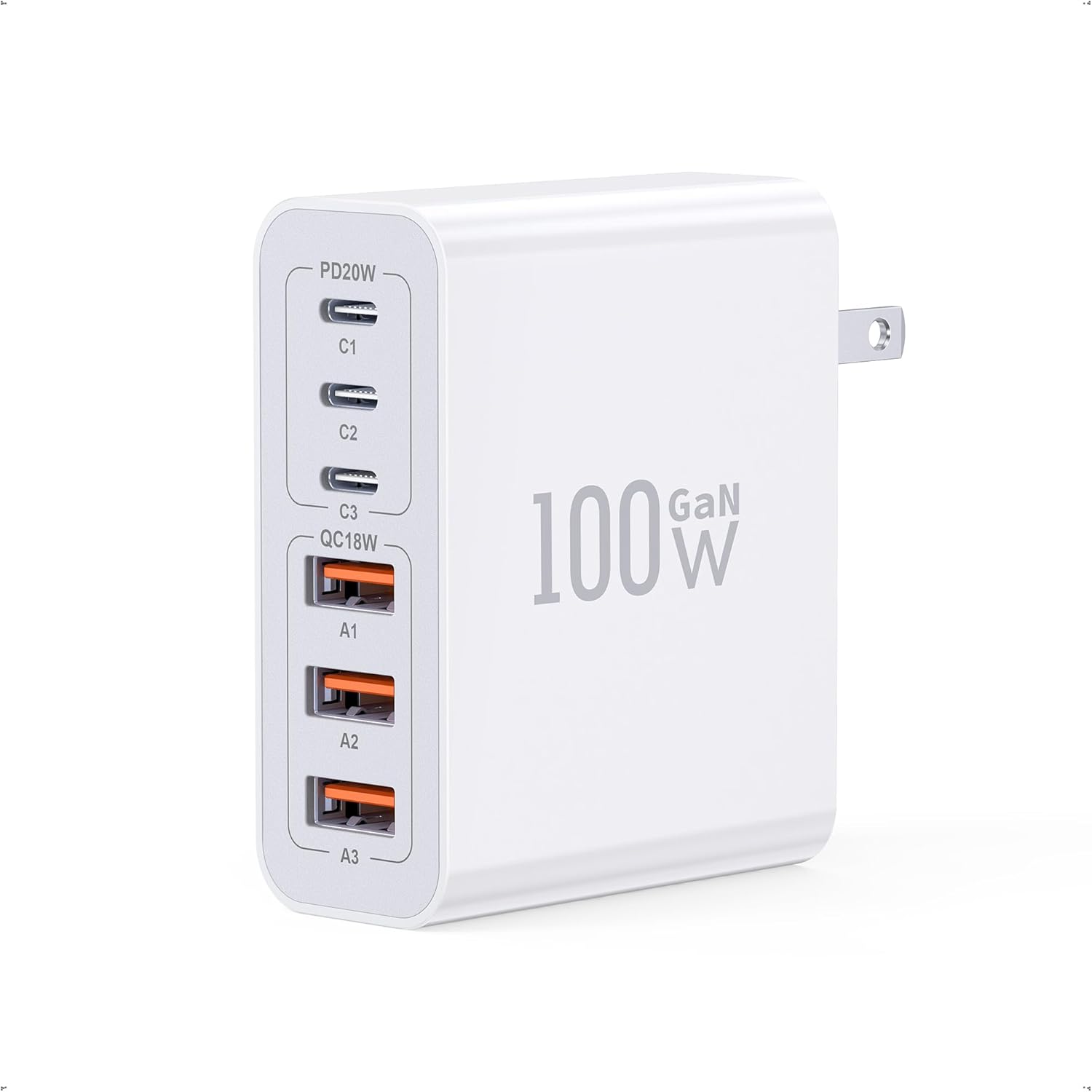 USB C Wall Charger, 100W 6-Port PD Fast USB C Charging Block,3USB C+3USB A Charg...