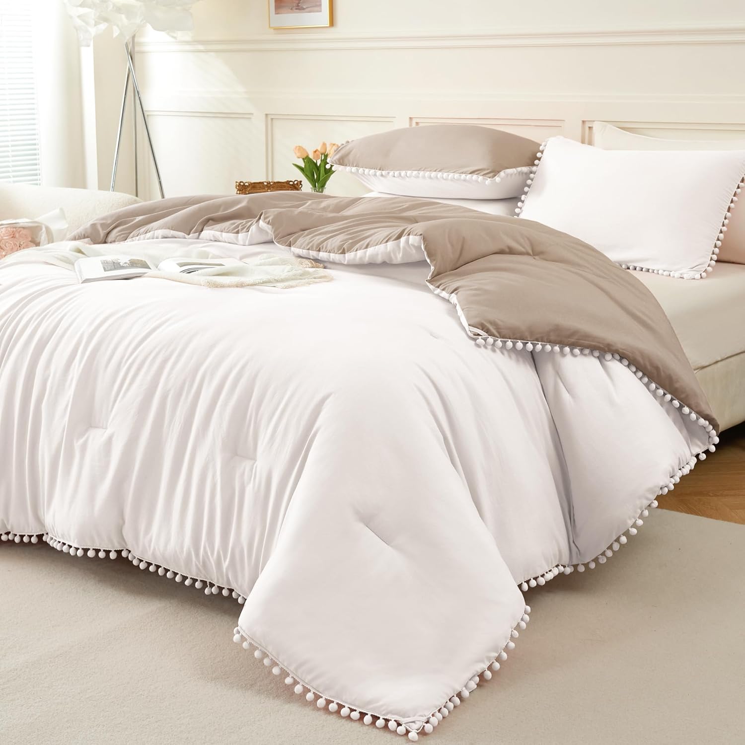 Litanika Queen Size Comforter Set White,3 Pieces White & Taupe Boho Pom Pom Ligh...