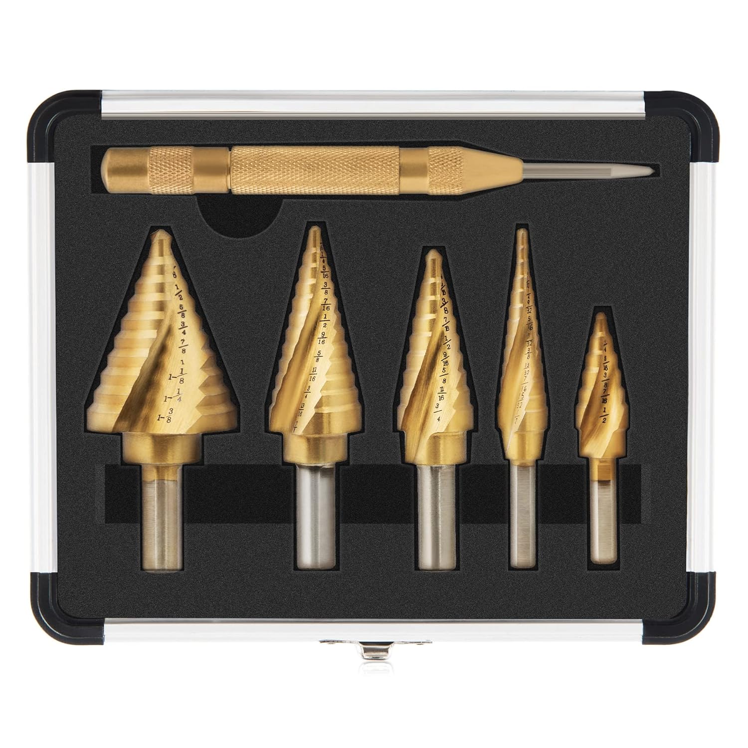 ZELCAN Step Drill Bits, HSS 5PCS Titanium Step Drill Bit Set, Spiral Grooved wit...