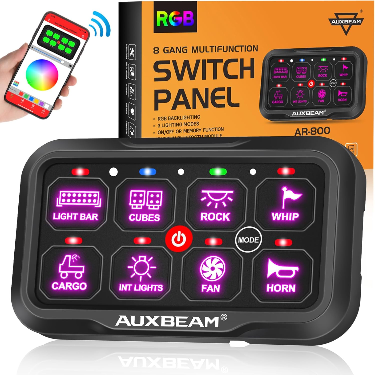 Auxbeam 8 Gang Switch Panel Bluetooth AR-800 RGB Switch Pod with Backlit Off Tog...