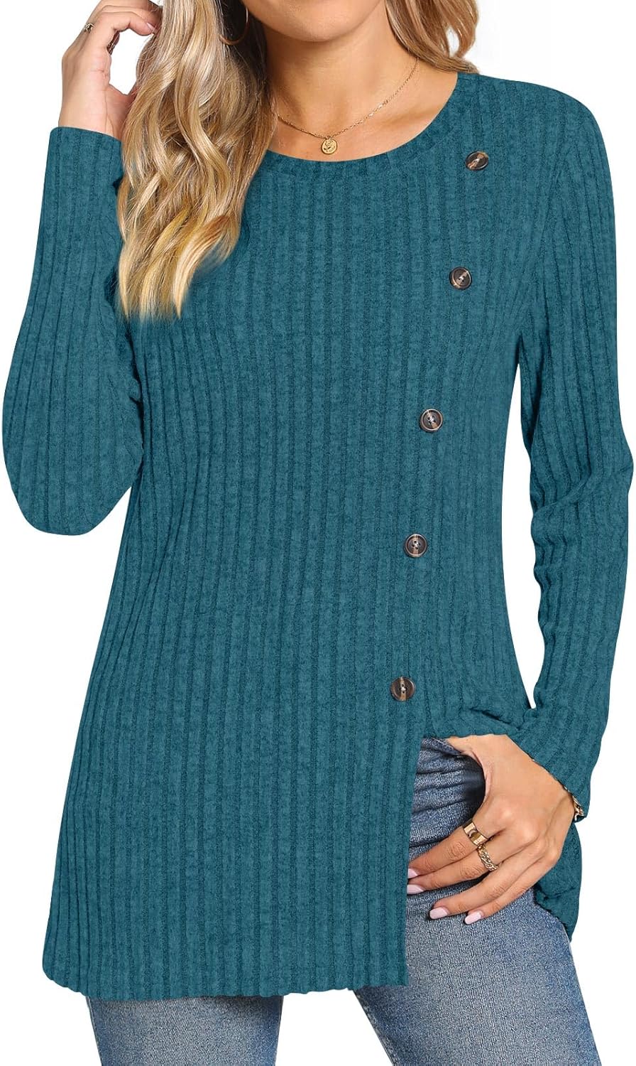 TAOHUADAO Women's Long Sleeve Jumpers Crewneck Tunic Tops with Button Sides Loos...