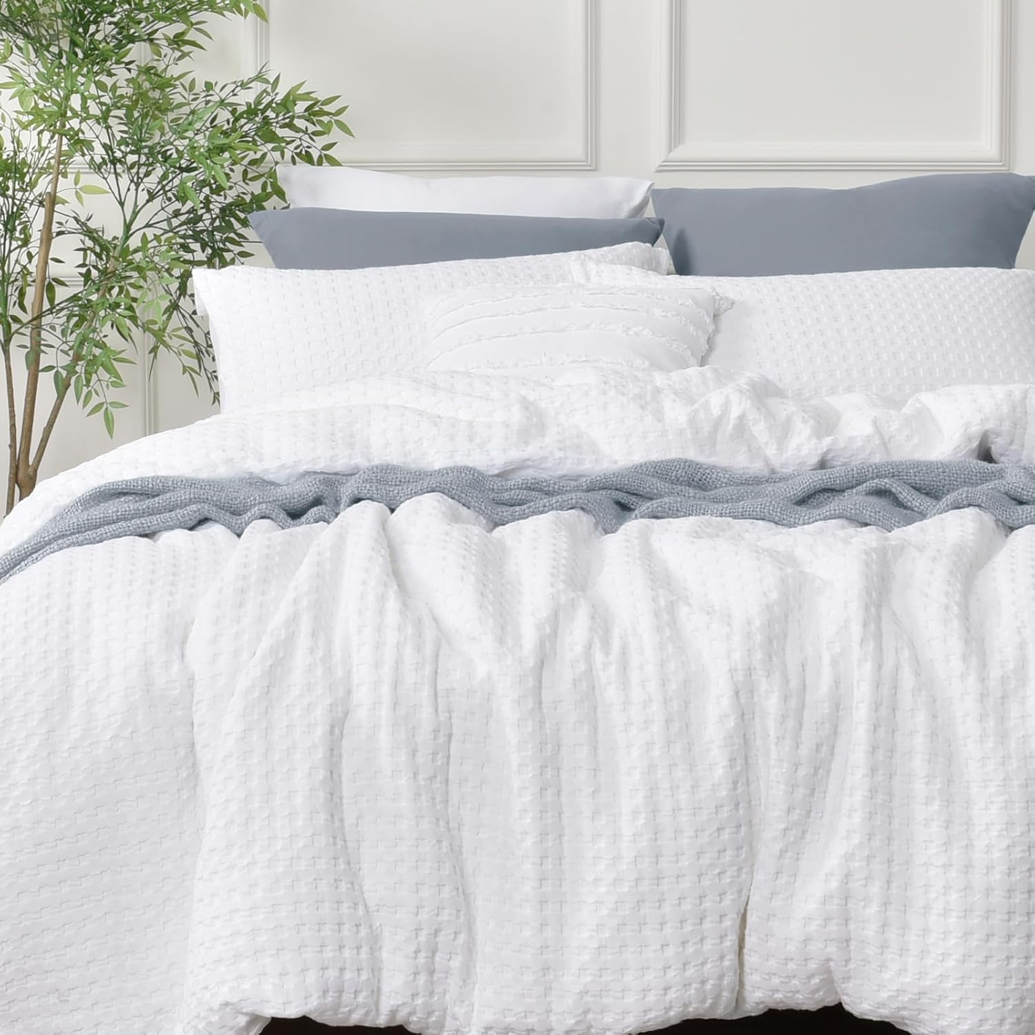 David's Home 100% Cotton Duvet Cover Set King Size, Waffle Weave Duvet Cover wit...