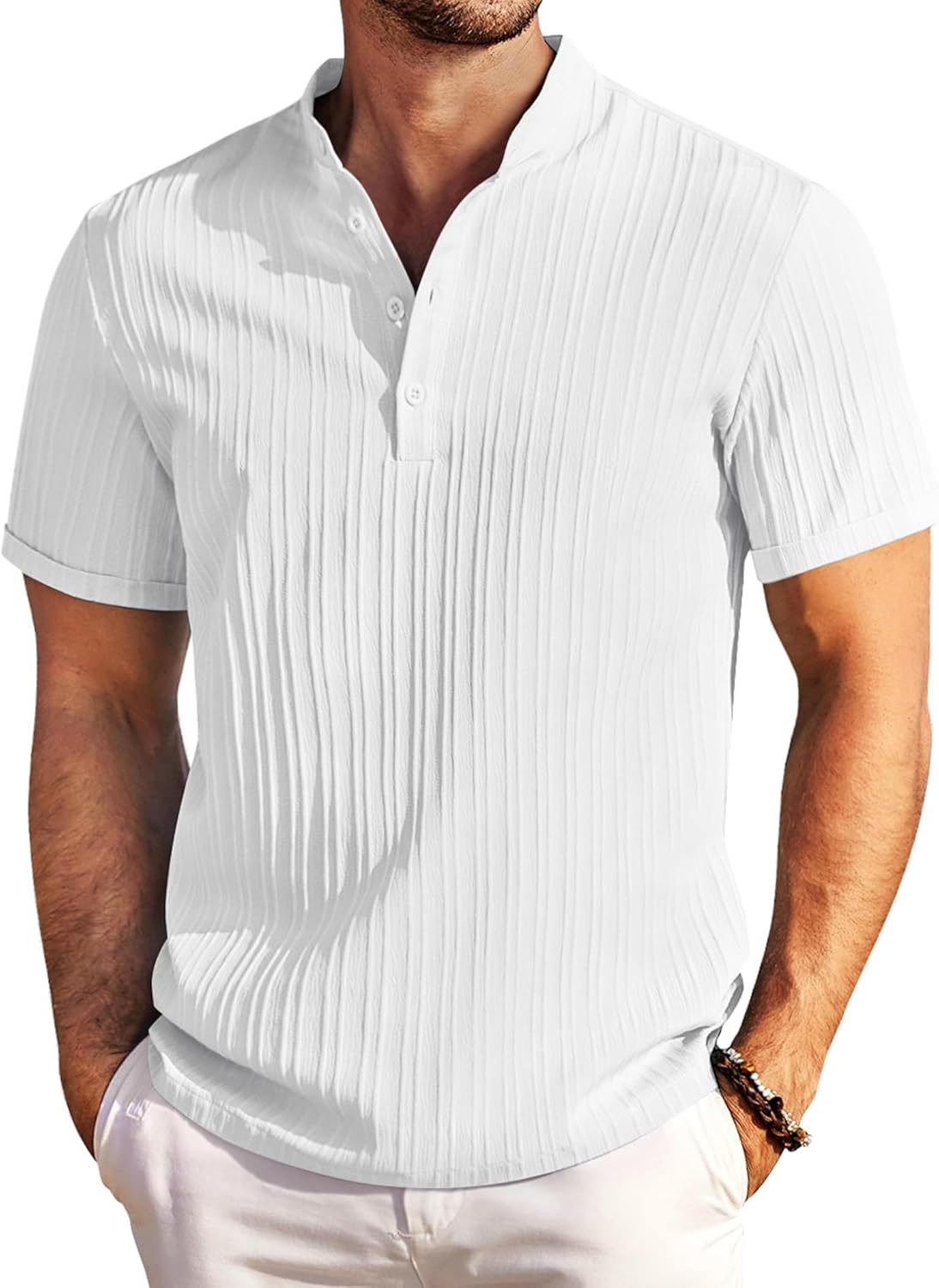 COOFANDY Men's Casual Short Sleeve Shirts Henley Shirt Band Collar Summer Beach...