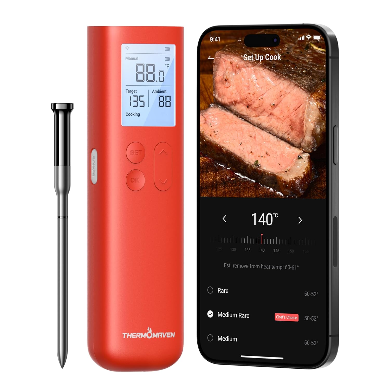Wireless Meat Thermometer, 10X Enhanced Signal and Stability with Sub-1G, Standa...