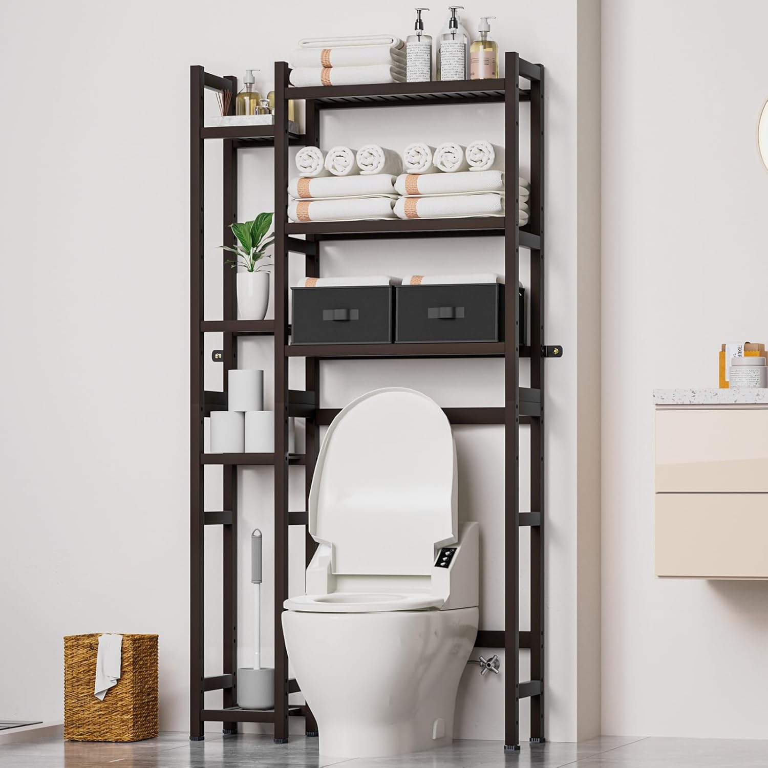 Homde Over The Toilet Storage with Basket and Drawer, Bamboo Bathroom Organizer...