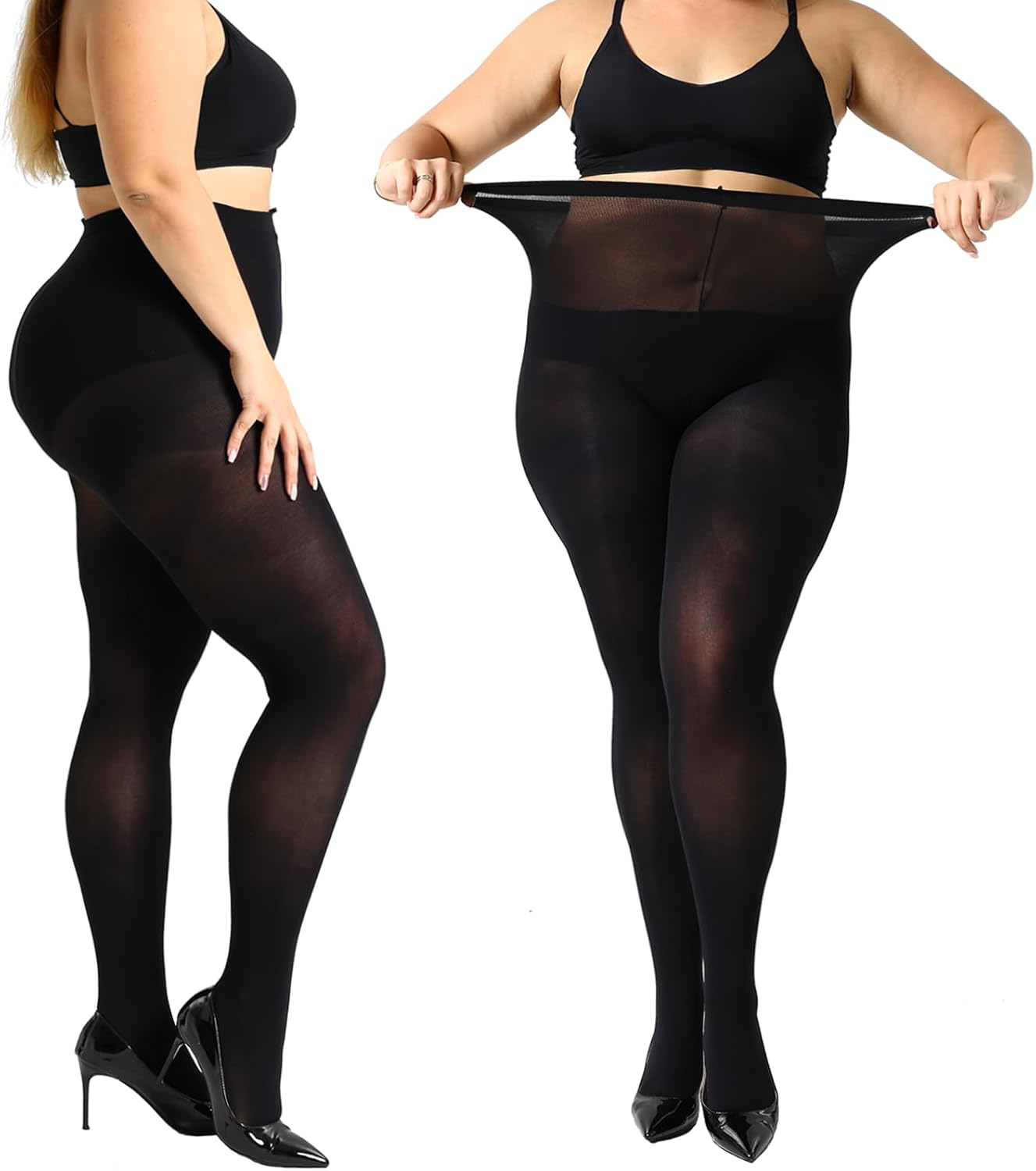MANZI 2 Pairs 70 Denier Women's Plus Size Tights Stretch Opaque Control Top Tigh...