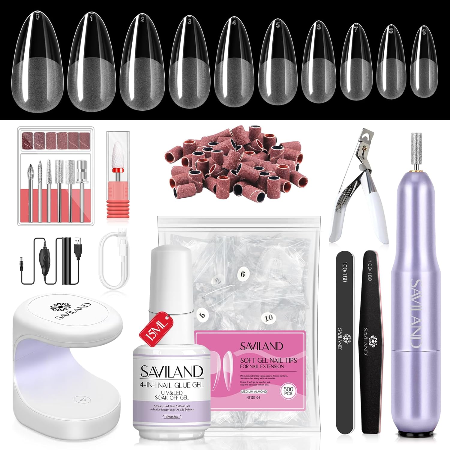 SAVILAND Almond Gel X Nail Kit - Nail Drill Kit U V Lamp for Nail 500PCS Nail Ti...