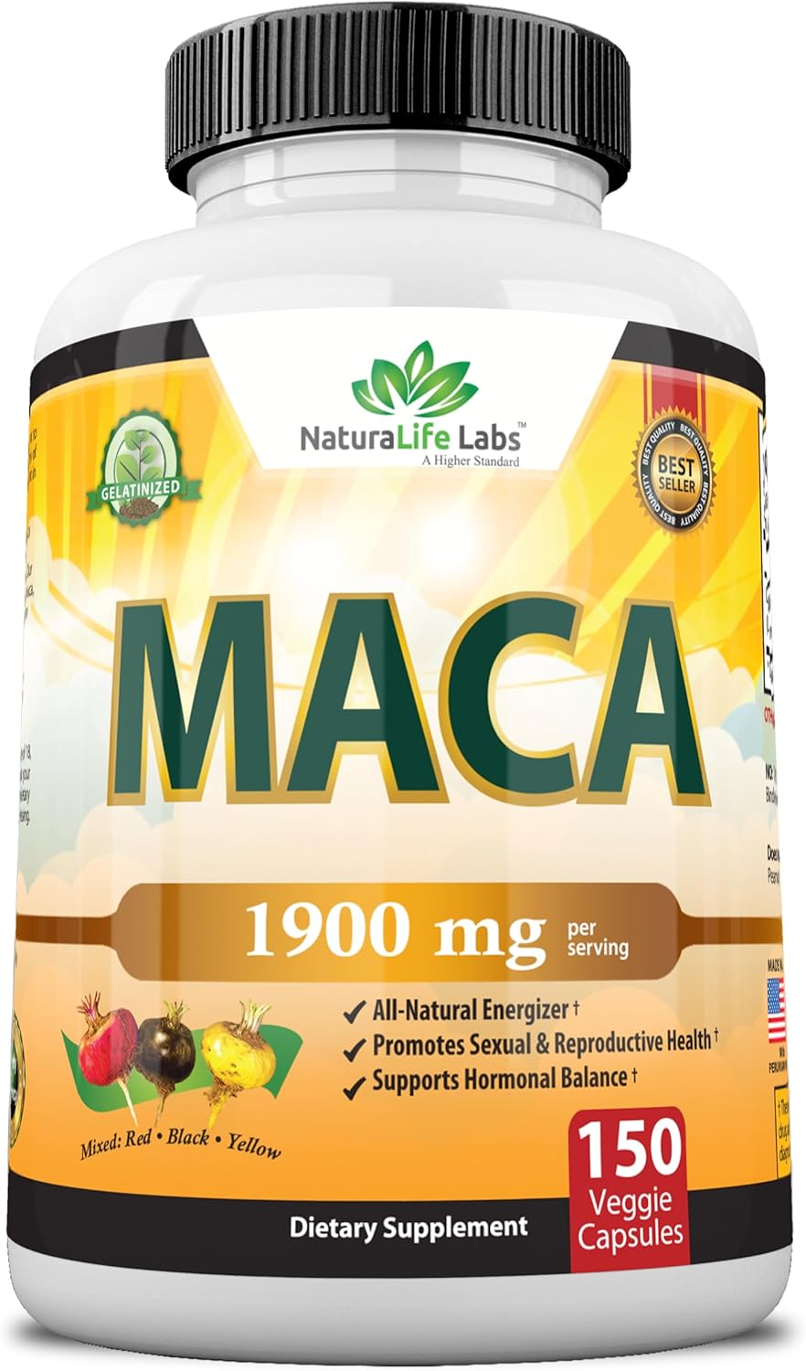 Organic Maca Root Black, Red, Yellow 1900 MG per Serving - 150 Vegan Capsules Pe...